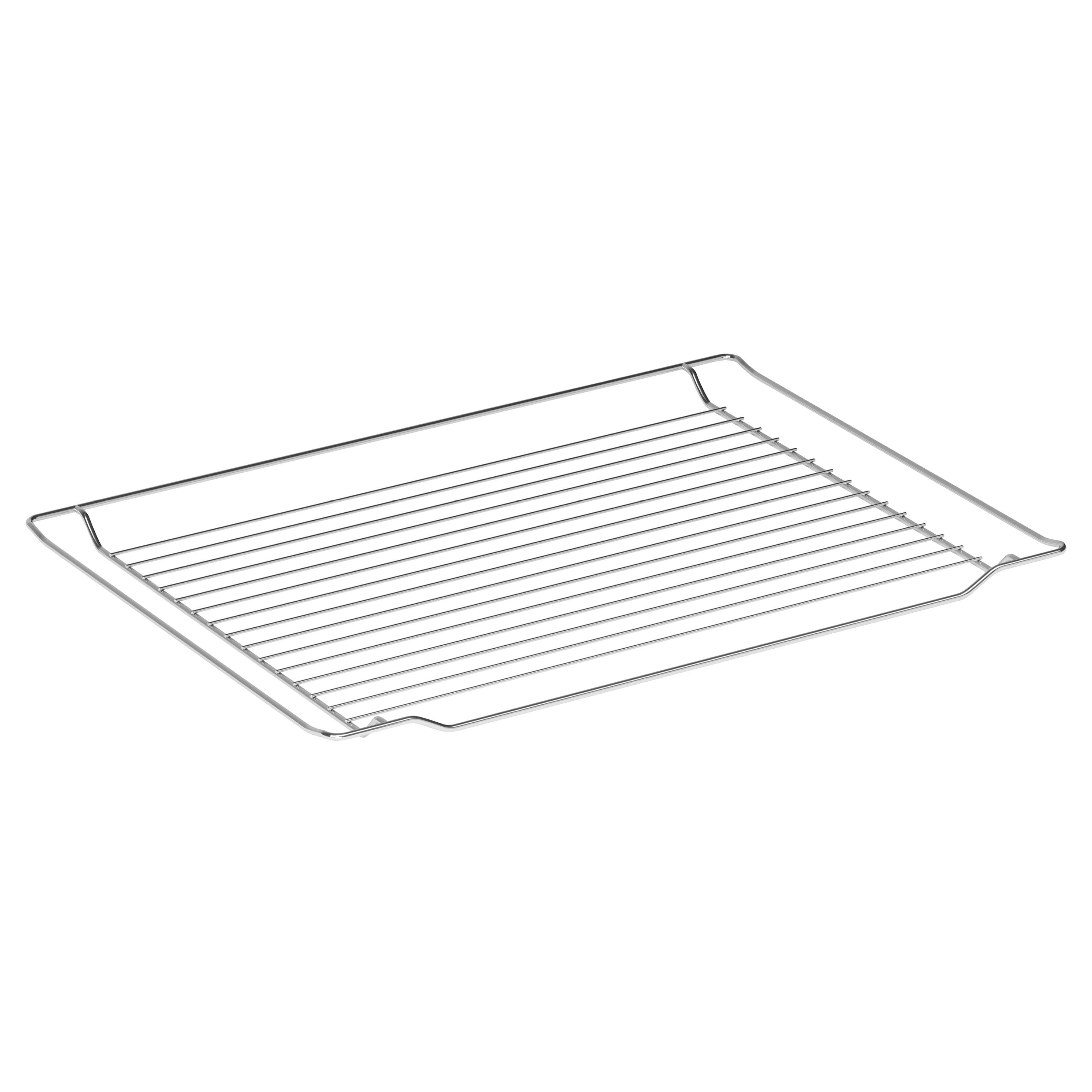 A rectangular, silver-colored oven rack. It has a grid of parallel wires and a sturdy frame. The background is white.