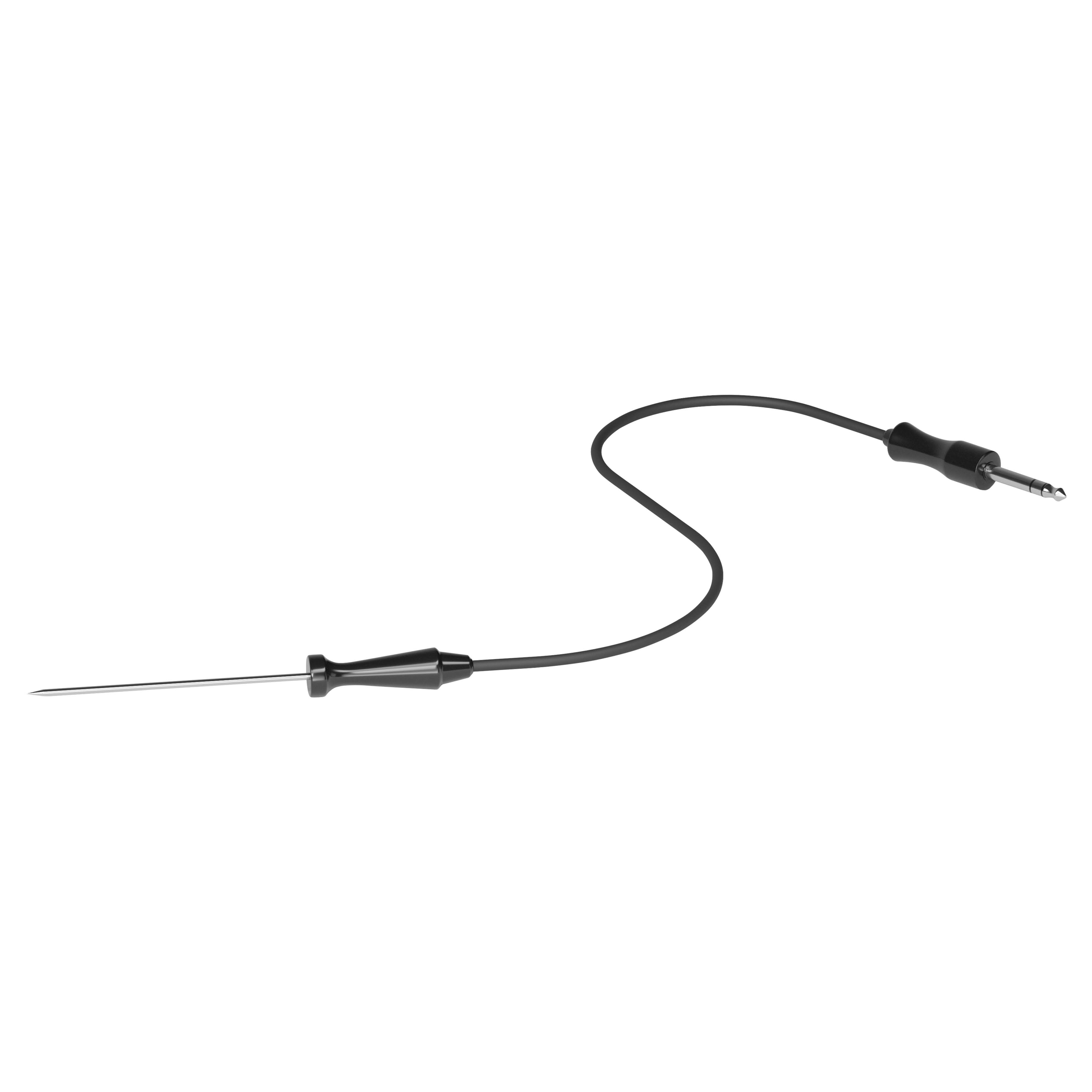 A black cable with a needle on one end and a jack on the other against a white background.