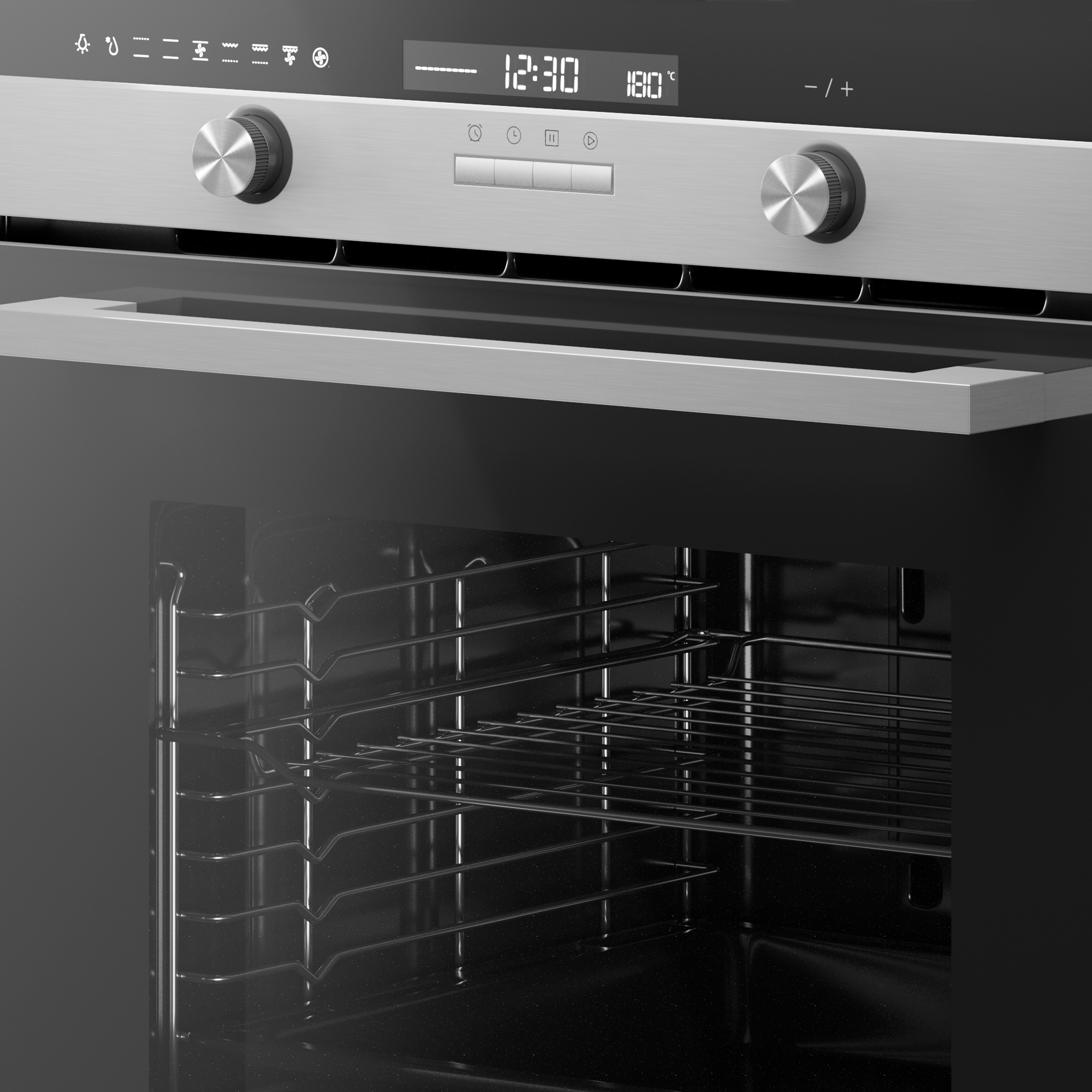 Close-up of oven with digital display showing time and temperature. Oven door open, interior with racks. Silver handle.