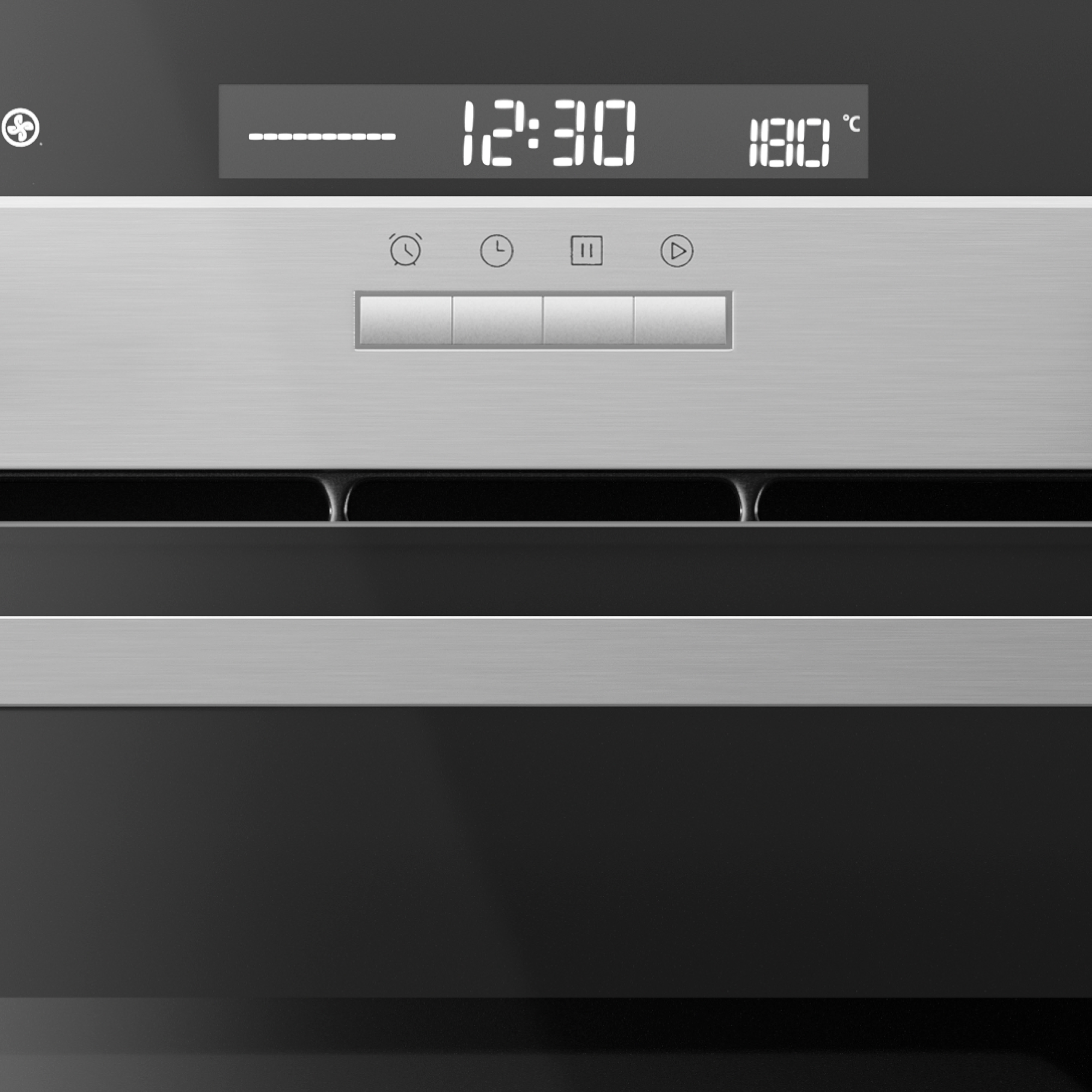 Oven control panel showing time 12:30 and temperature 180°C. There are buttons and a fan symbol.