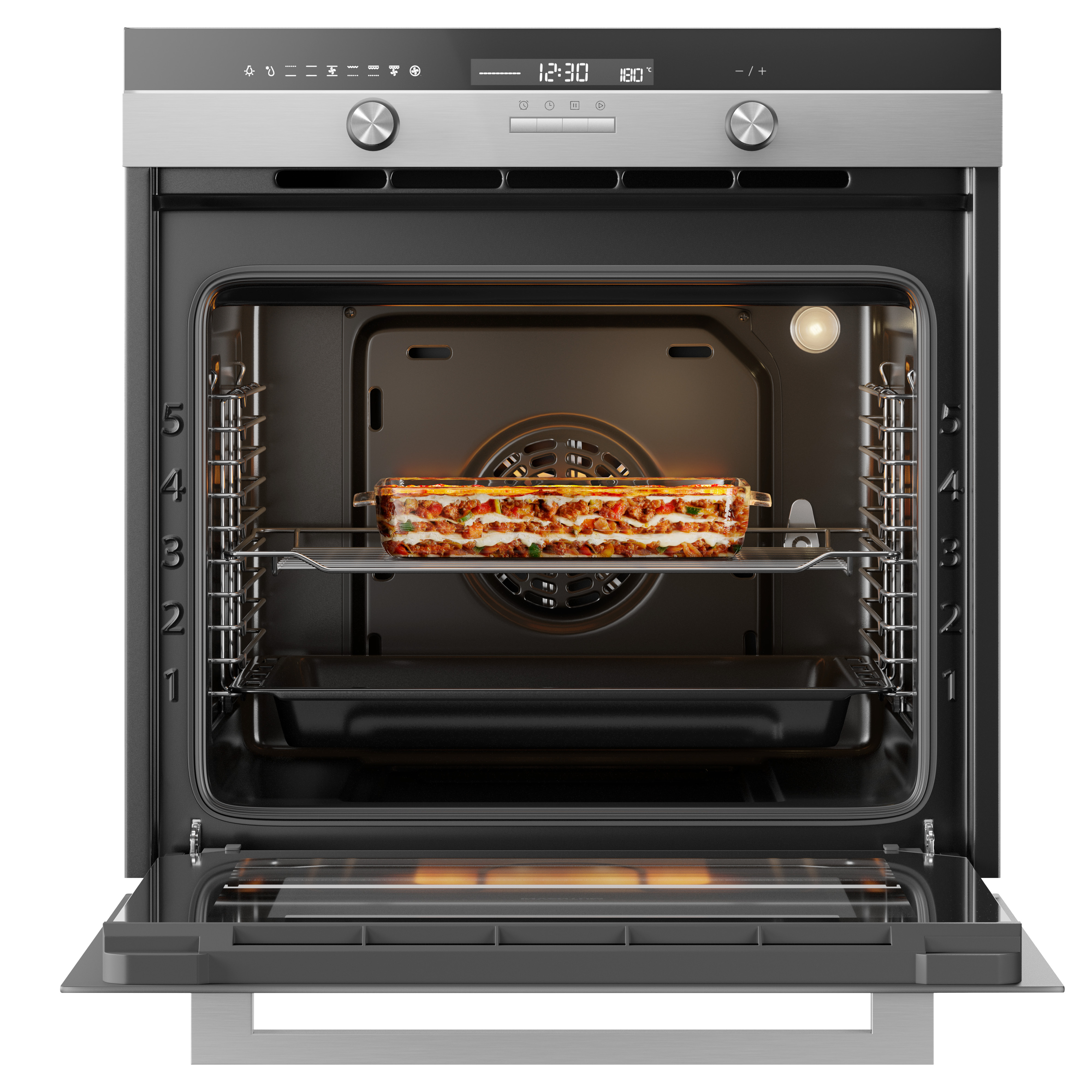 An open oven displays a lasagna on a rack. The oven shows the time and temperature. Numbers are on the side.