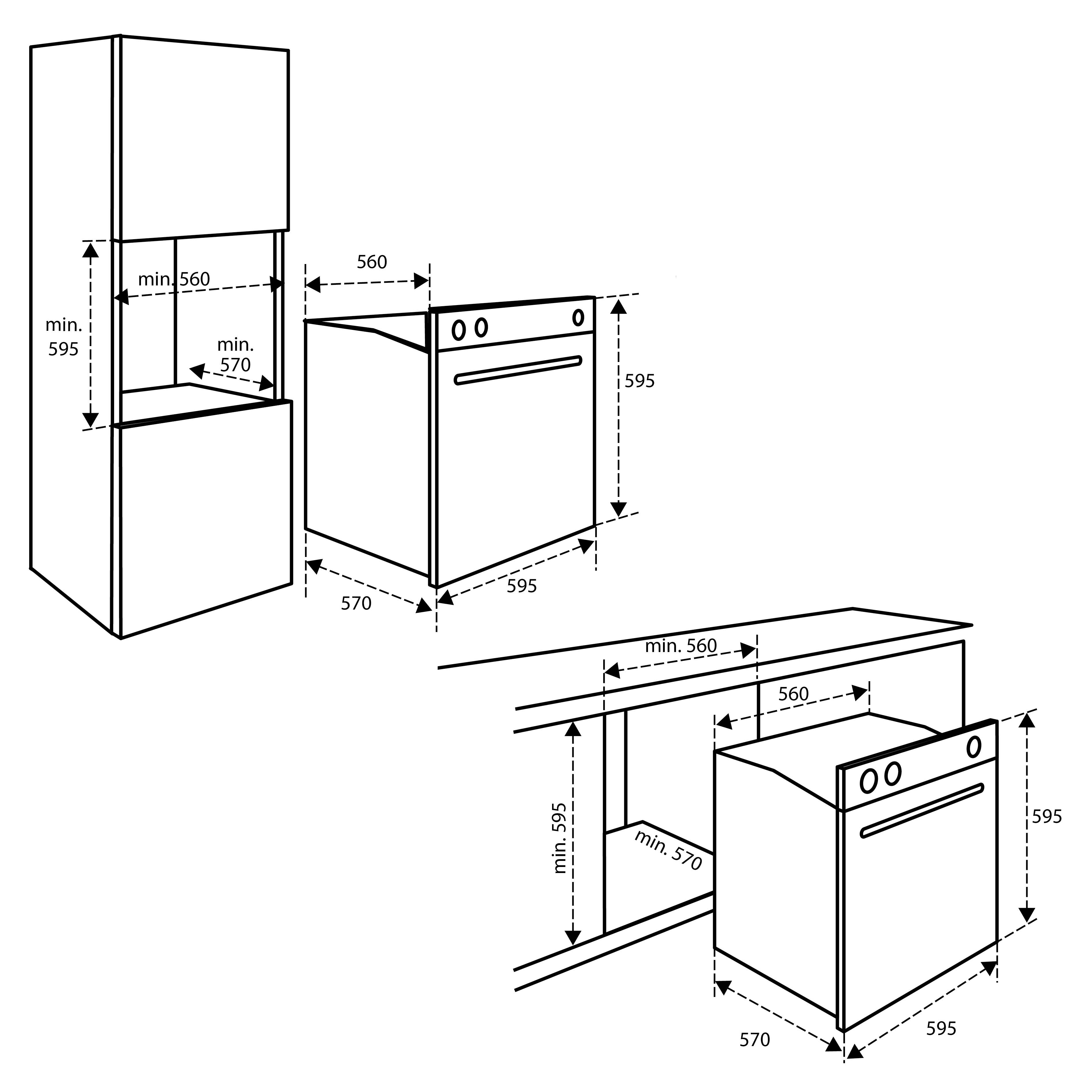 A technical drawing showing kitchen appliances, including an oven and a refrigerator, with dimensions in millimeters.