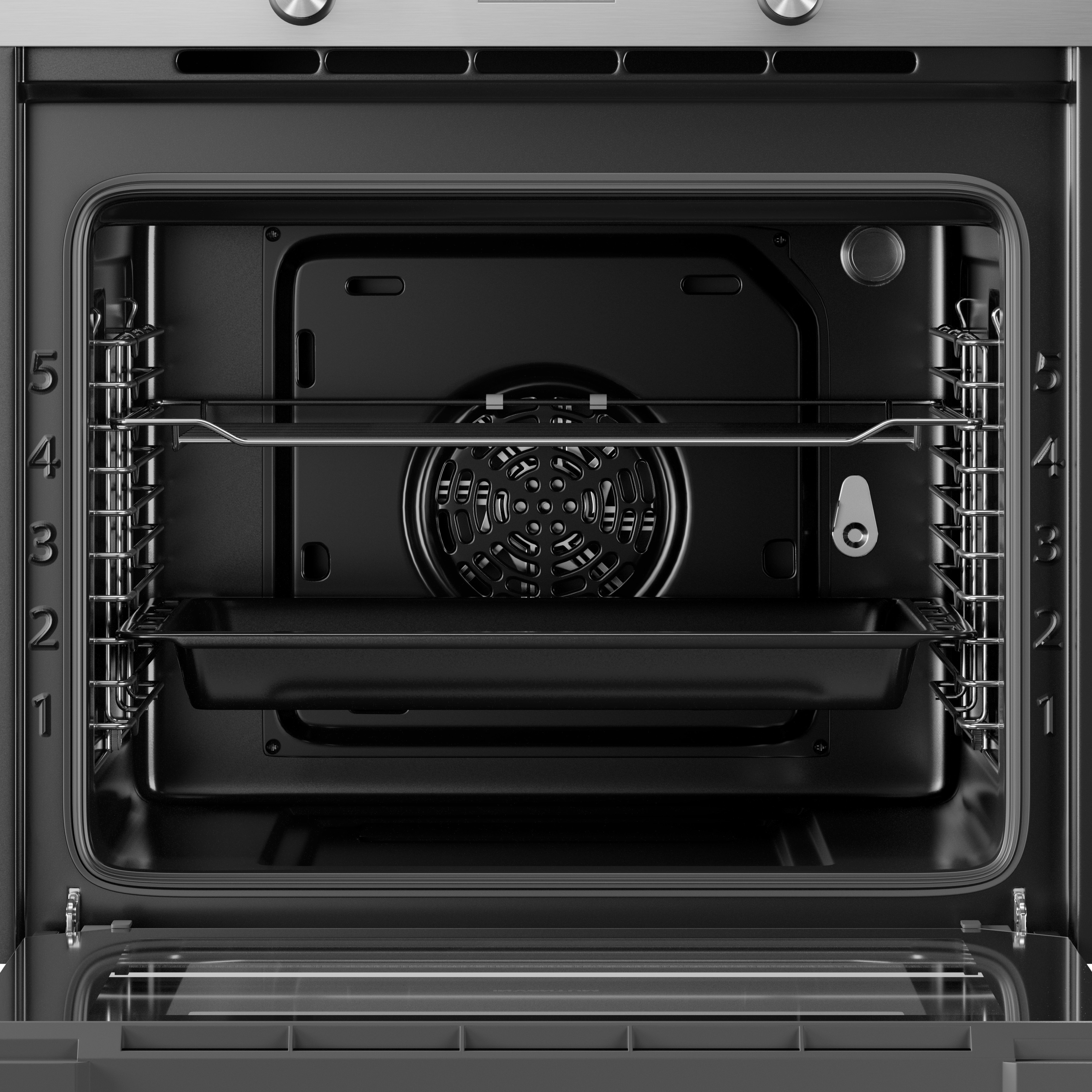An open oven interior showing racks, a fan, and a baking tray. The interior is black, with a stainless steel exterior.
