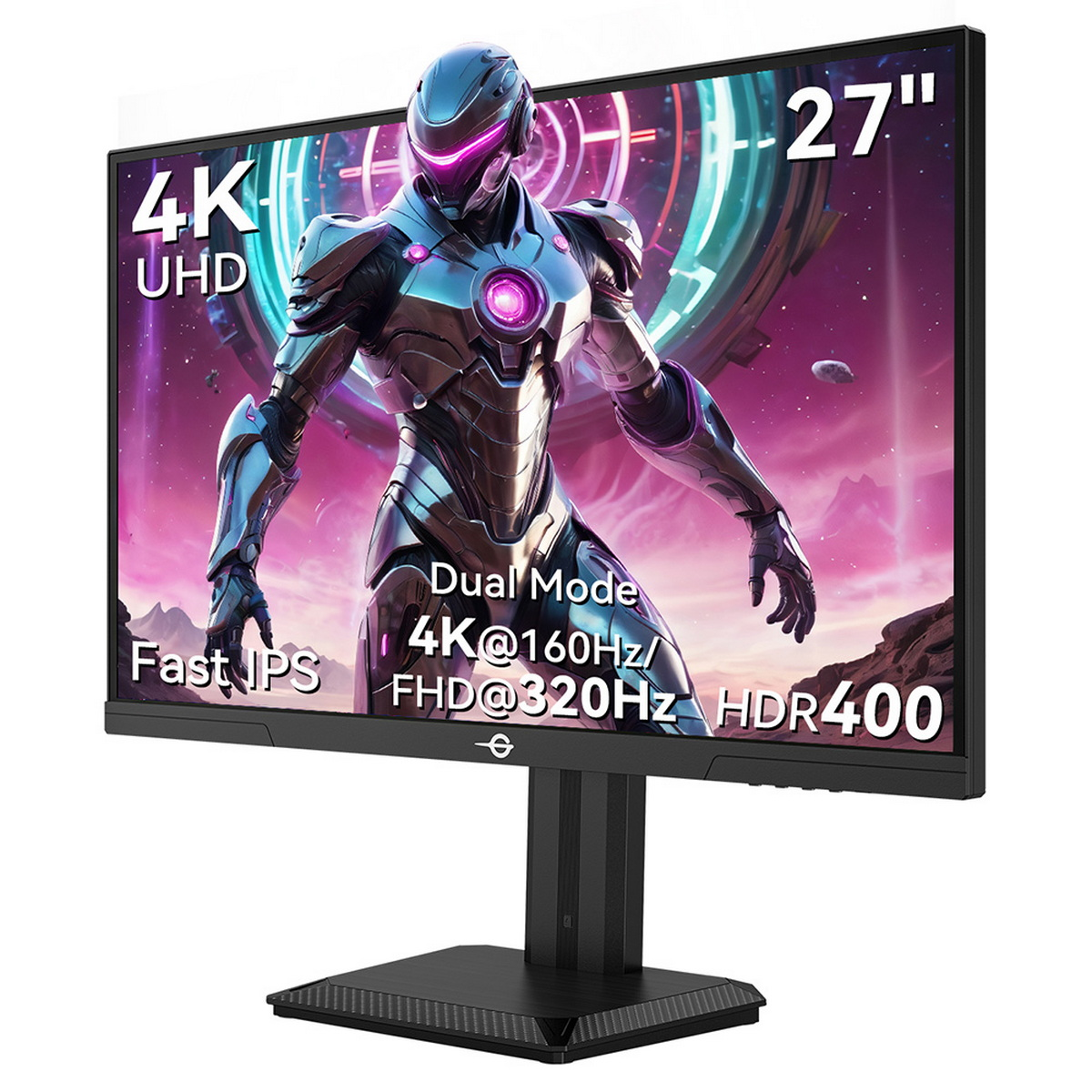 27-calowy monitor przedstawia futurystyczną postać. Ma specyfikacje takie jak 4K, 160Hz i HDR400. Monitor jest czarny z kwadratową podstawą.