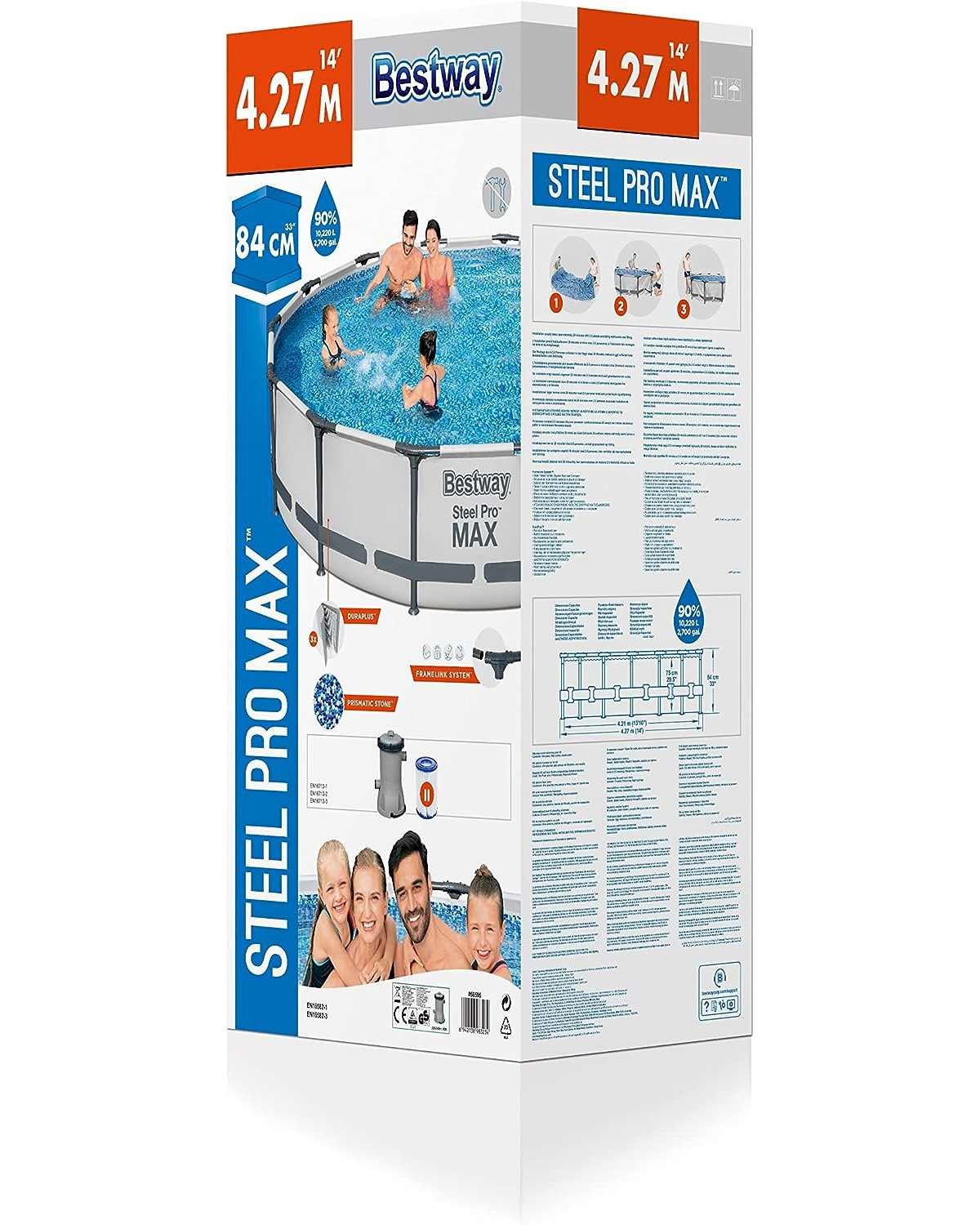 Eine Bestway Steel Pro Max Poolbox. Sie zeigt eine Familie in einem Pool. Abmessungen: 14', 4,27 m. Inklusive Filter und Rahmen.