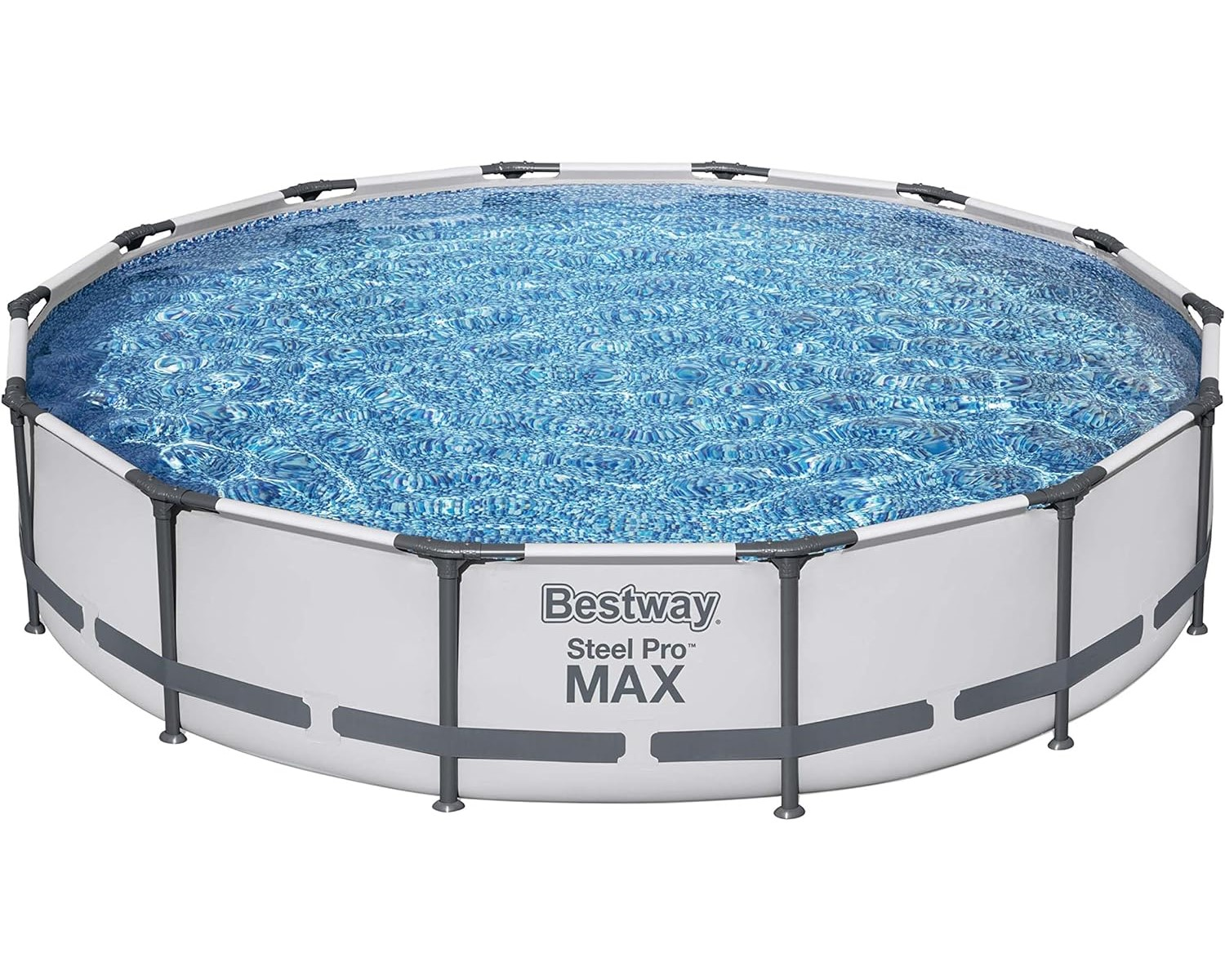 Ein runder, oberirdischer Pool mit blauem Wasser. Der Pool hat weiße Wände und einen grauen Rahmen. Das Bestway-Logo ist sichtbar.