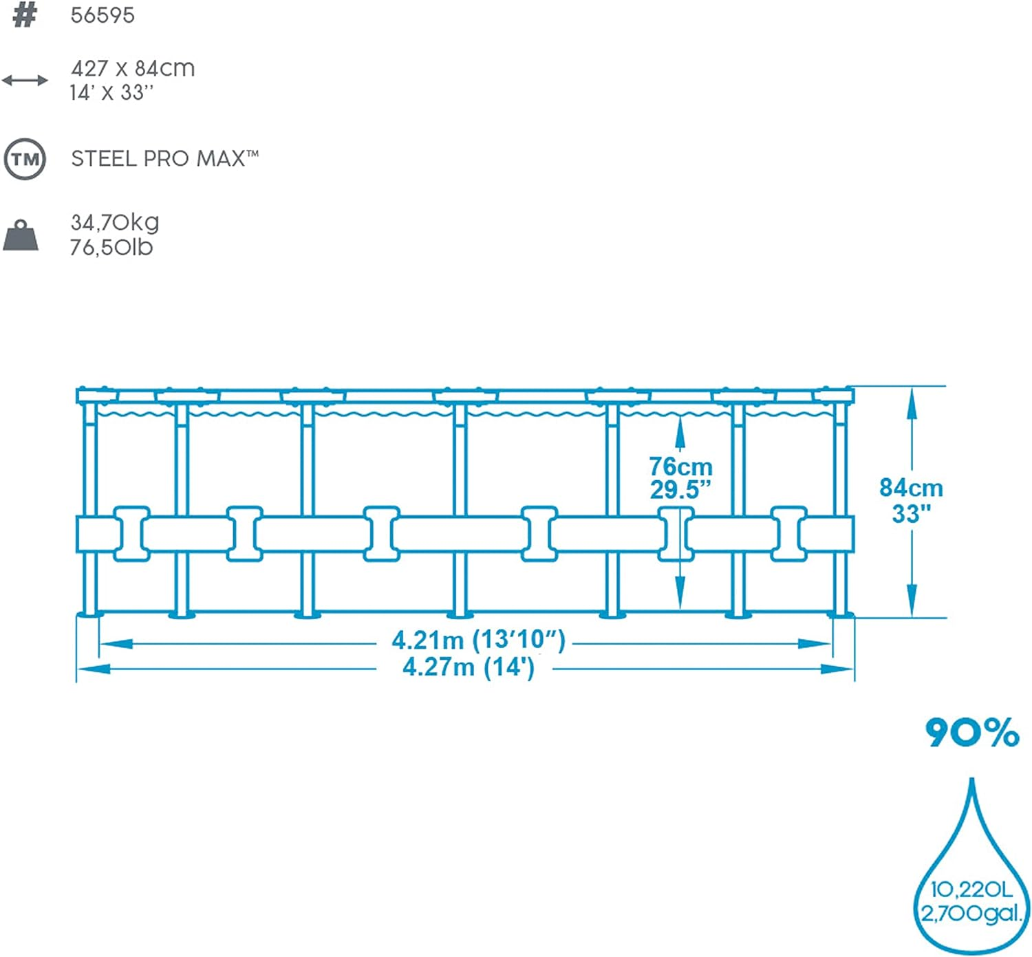 Diagramm eines Pools mit Abmessungen in cm und Zoll. Enthält Gewicht, Kapazität und Steel Pro Max Branding.