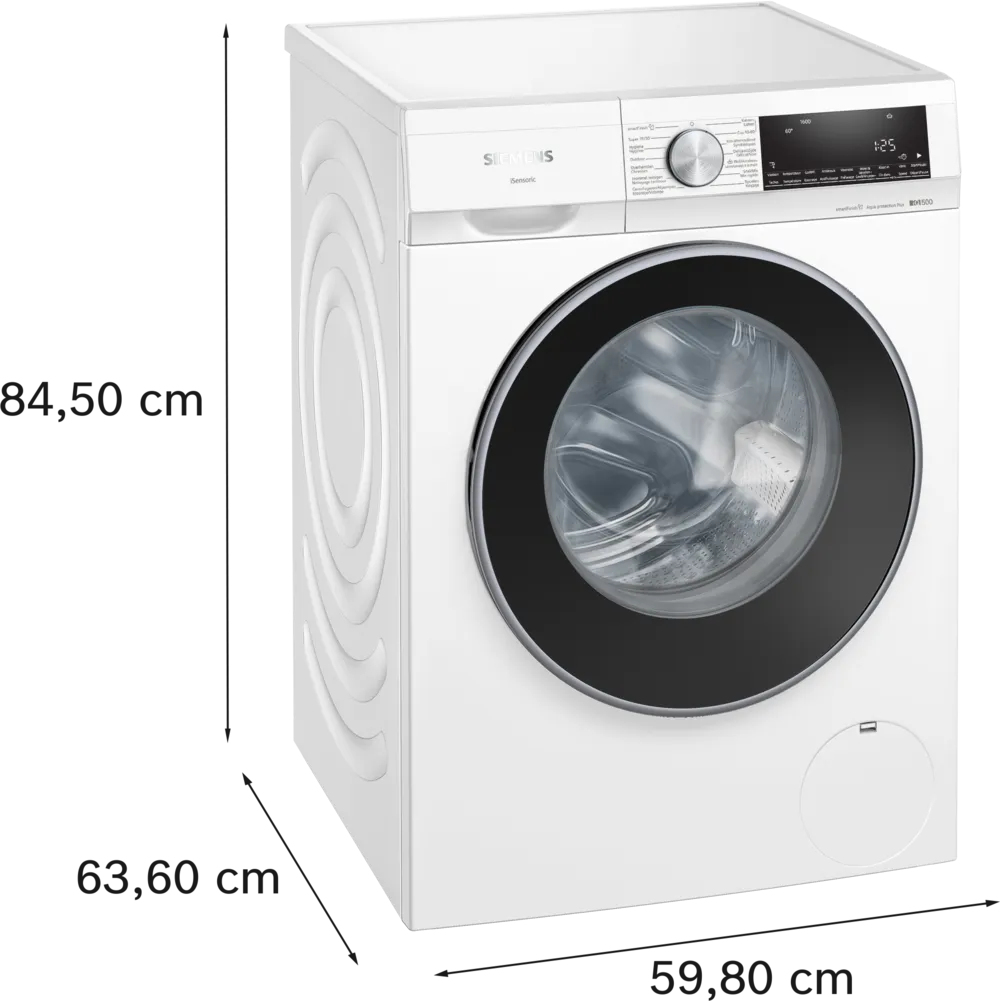 Una lavatrice Siemens bianca. Dimensioni: 84,50 cm altezza, 63,60 cm profondità, 59,80 cm larghezza. L'oblò è nero.