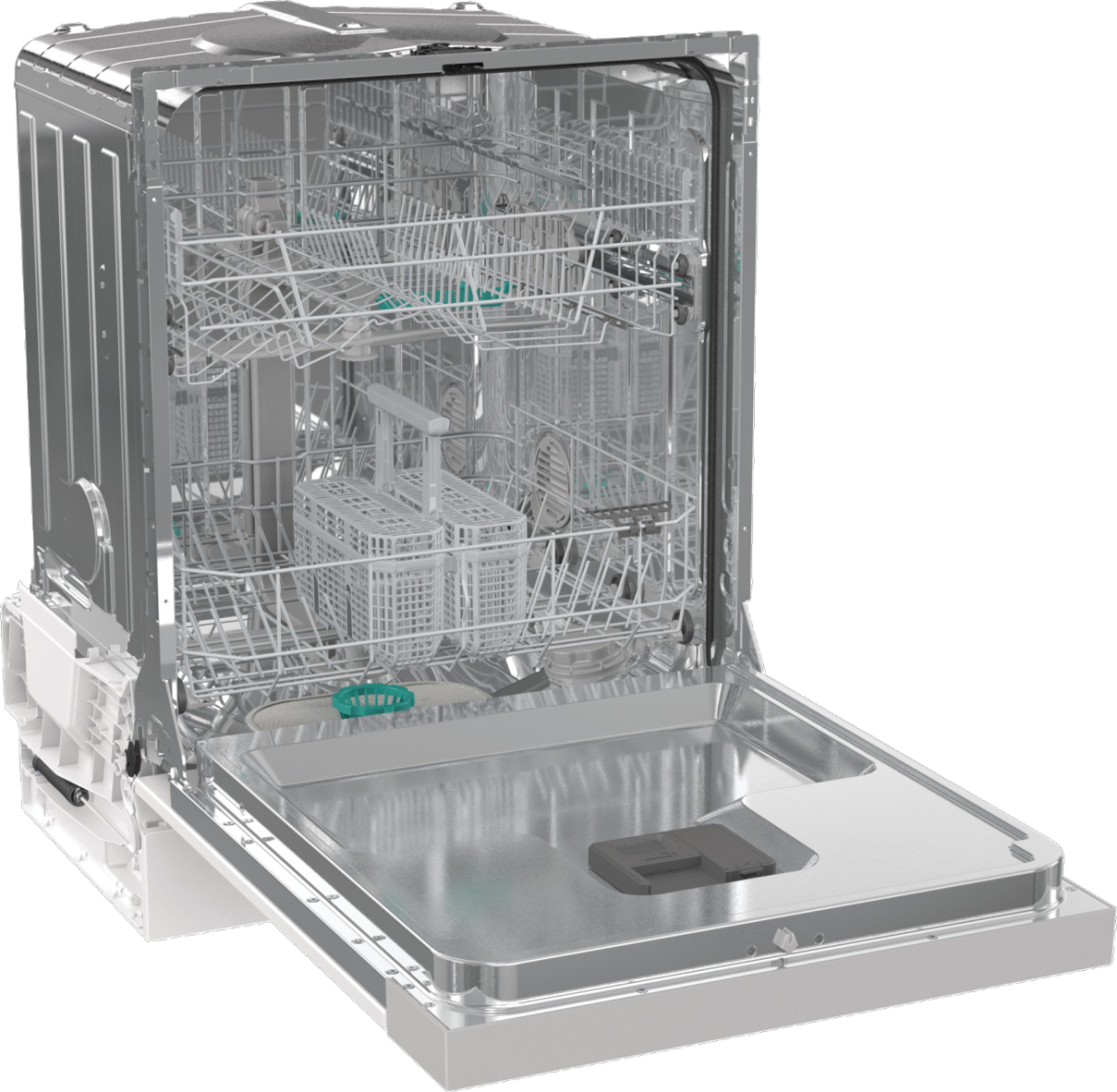Otwarta zmywarka, widoczne wnętrze. W środku znajdują się półki i kosze. Drzwi są otwarte. Srebro i biel dominują urządzenie.