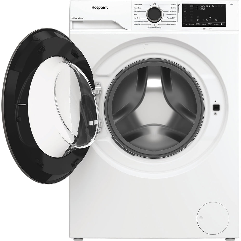 Una lavatrice Hotpoint bianca con la porta aperta. Il pannello di controllo è a destra, la porta ha un vetro.