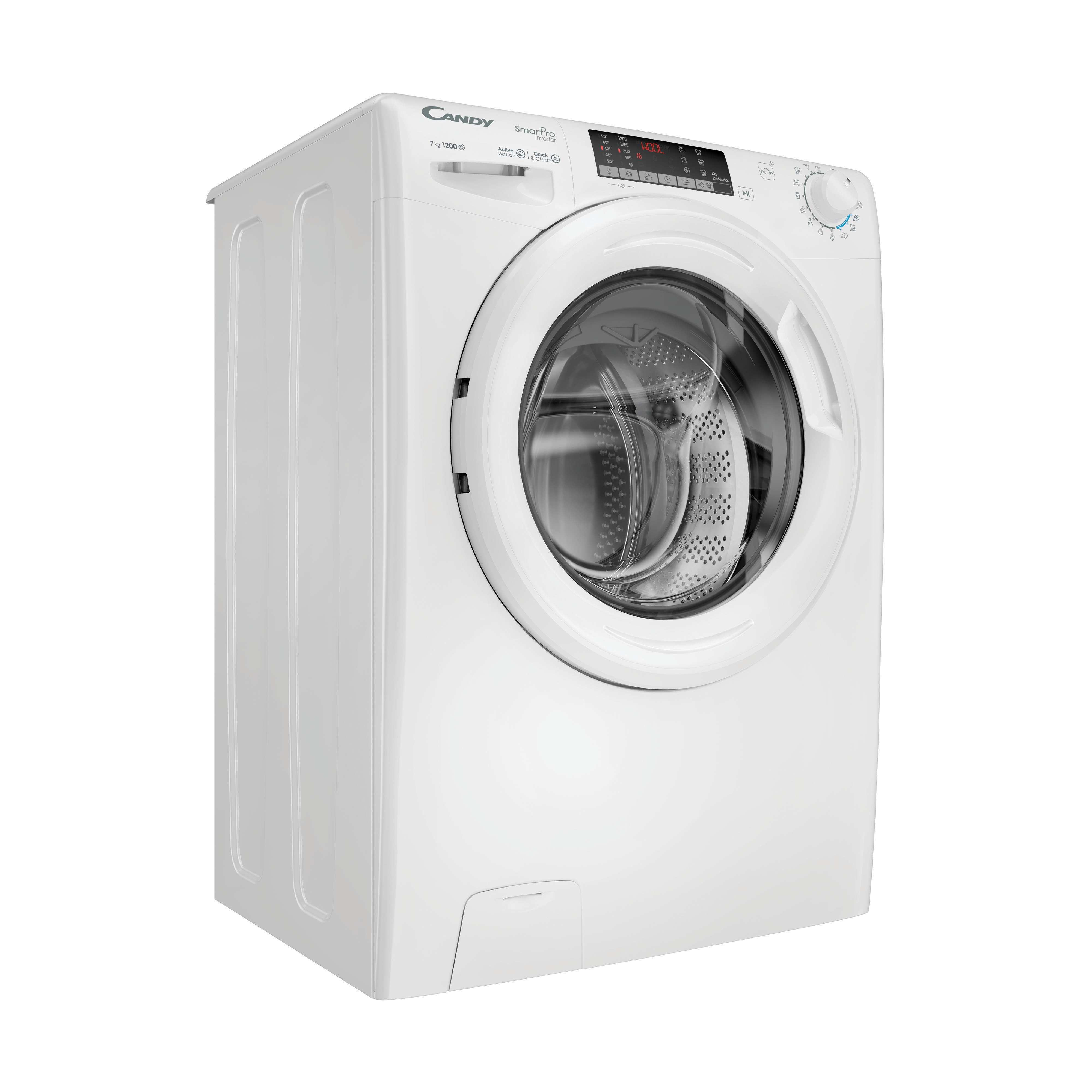Una lavadora Candy blanca. Tiene una puerta circular y un panel de control. La marca es visible.