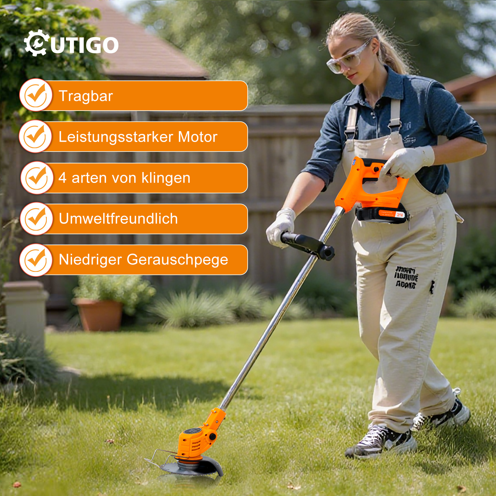 Eine Frau benutzt einen orangefarbenen und schwarzen Rasentrimmer auf grünem Gras. Sie trägt eine Schutzbrille und Handschuhe.