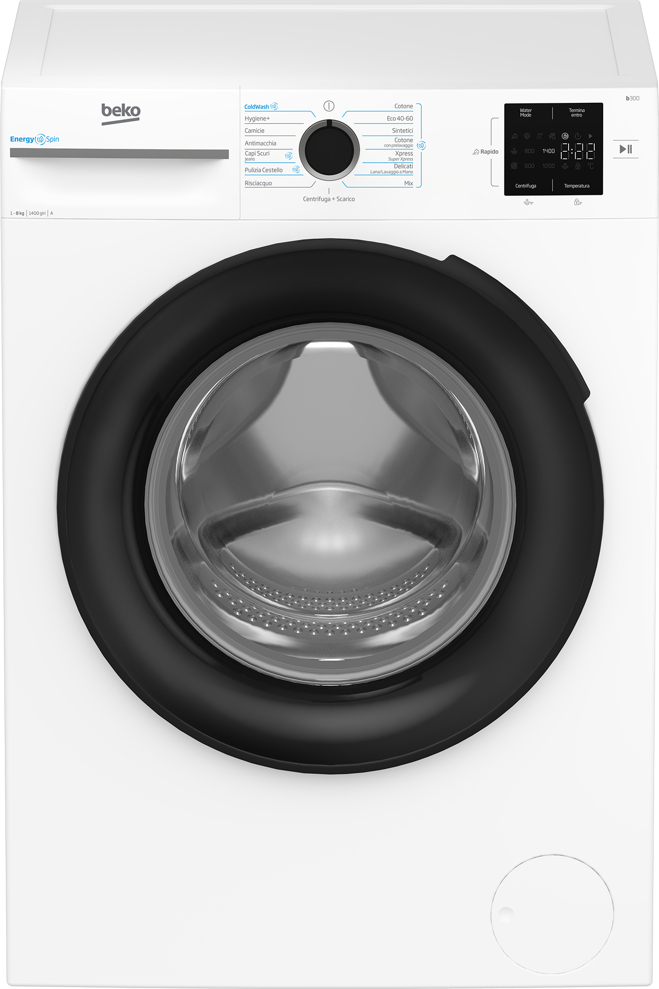 Una lavatrice Beko bianca. Ha un telaio della porta nero, un pannello di controllo e un display digitale che mostra l'ora.