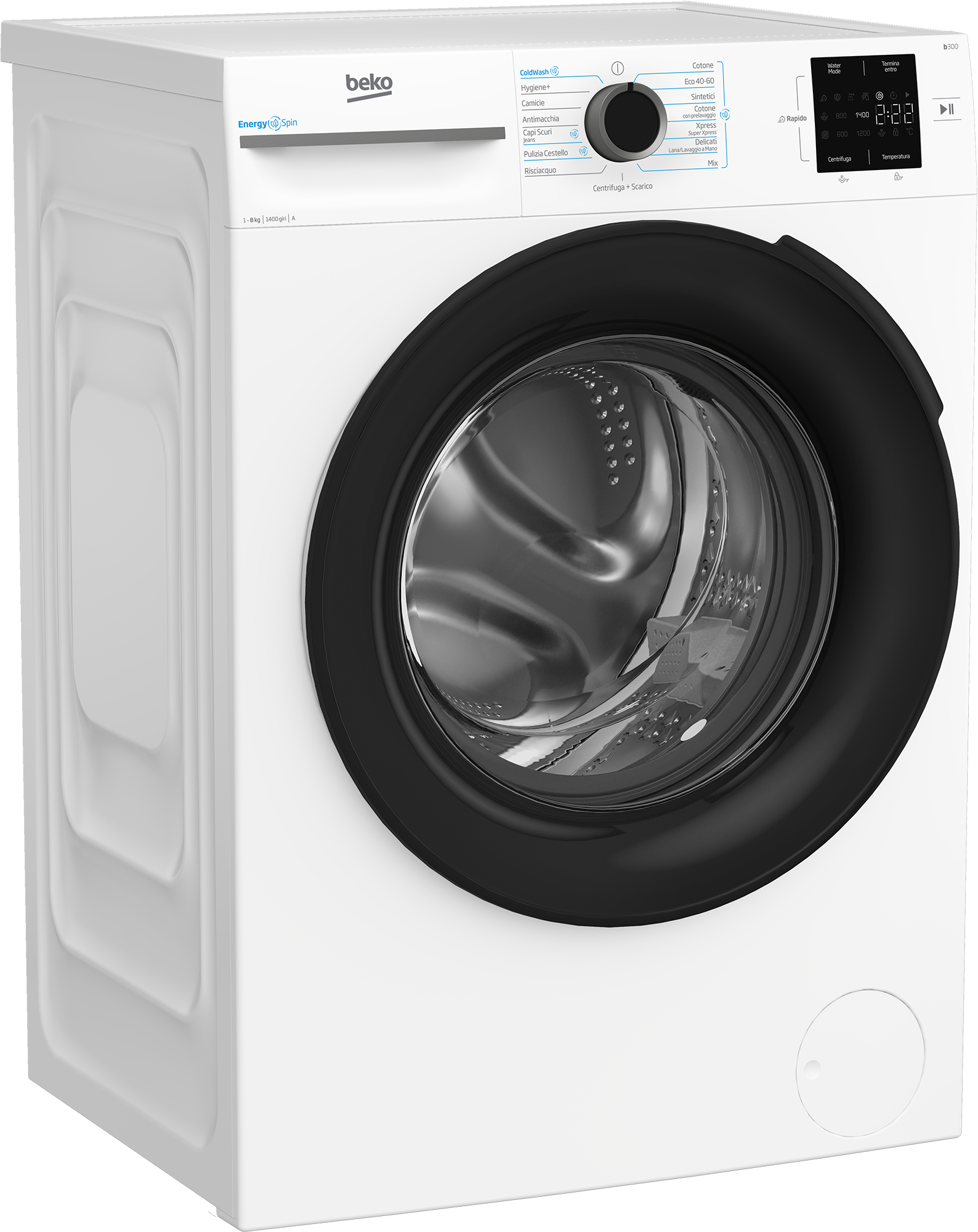 Una lavatrice Beko bianca. Ha una porta nera, un pannello di controllo con quadrante e display digitale.