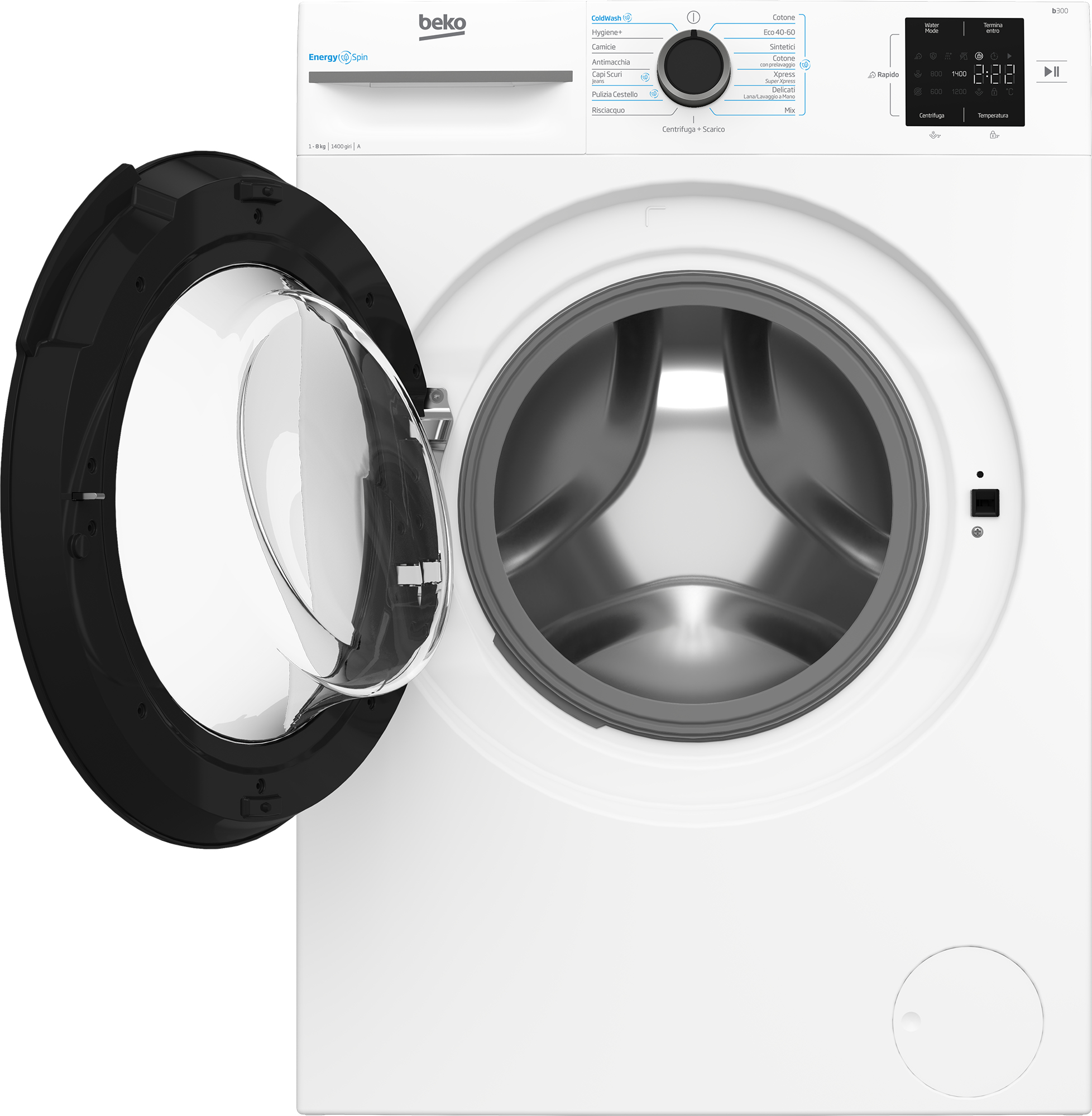 Una lavatrice Beko bianca con anta nera aperta. Ha un pannello di controllo e un display digitale.