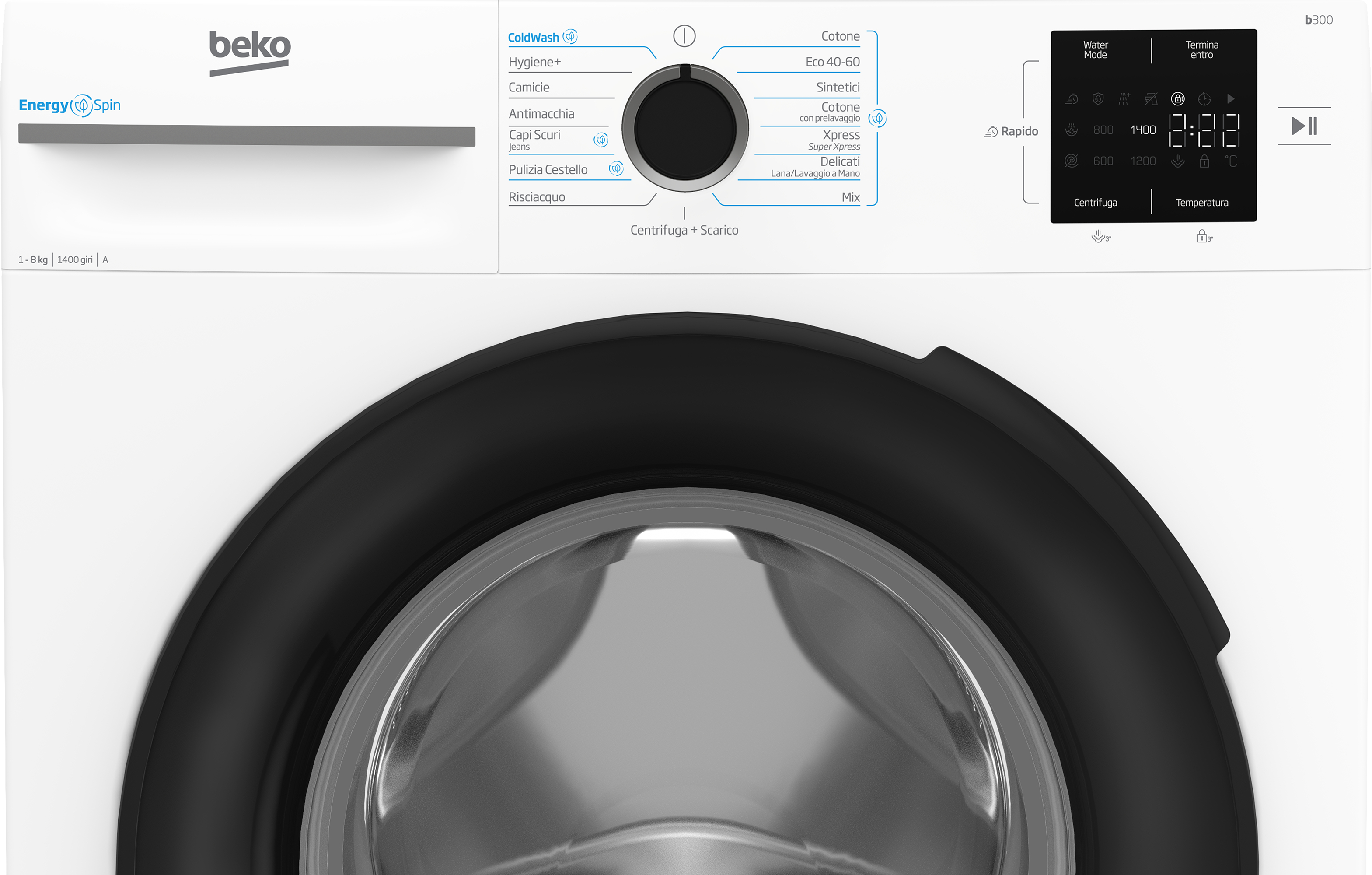 Una lavatrice Beko bianca con porta nera. Ha un pannello di controllo con opzioni e un display digitale che mostra l'ora.