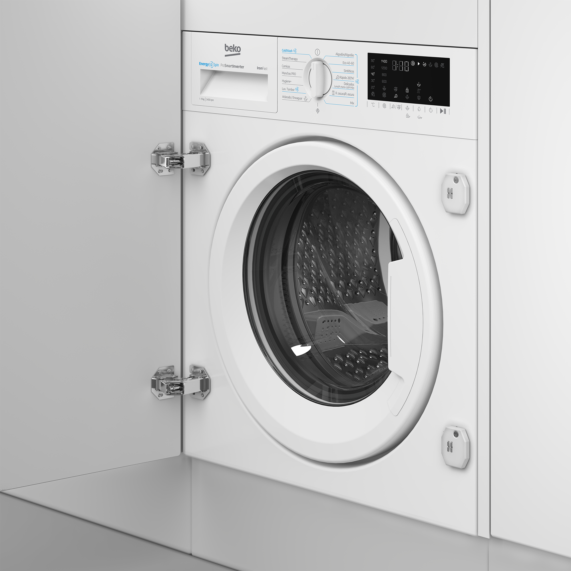 Lavadora Beko blanca con puerta abierta. Incluye panel de control, dial y tambor visible.