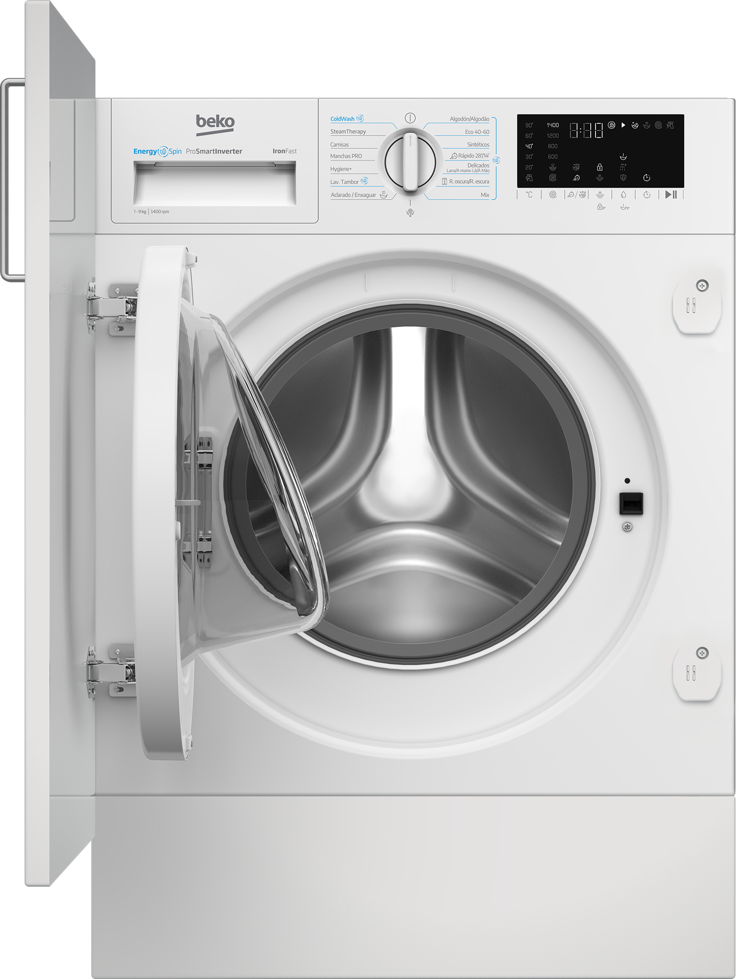 Una lavadora Beko blanca con la puerta abierta. Controles arriba a la derecha, puerta a la izquierda.
