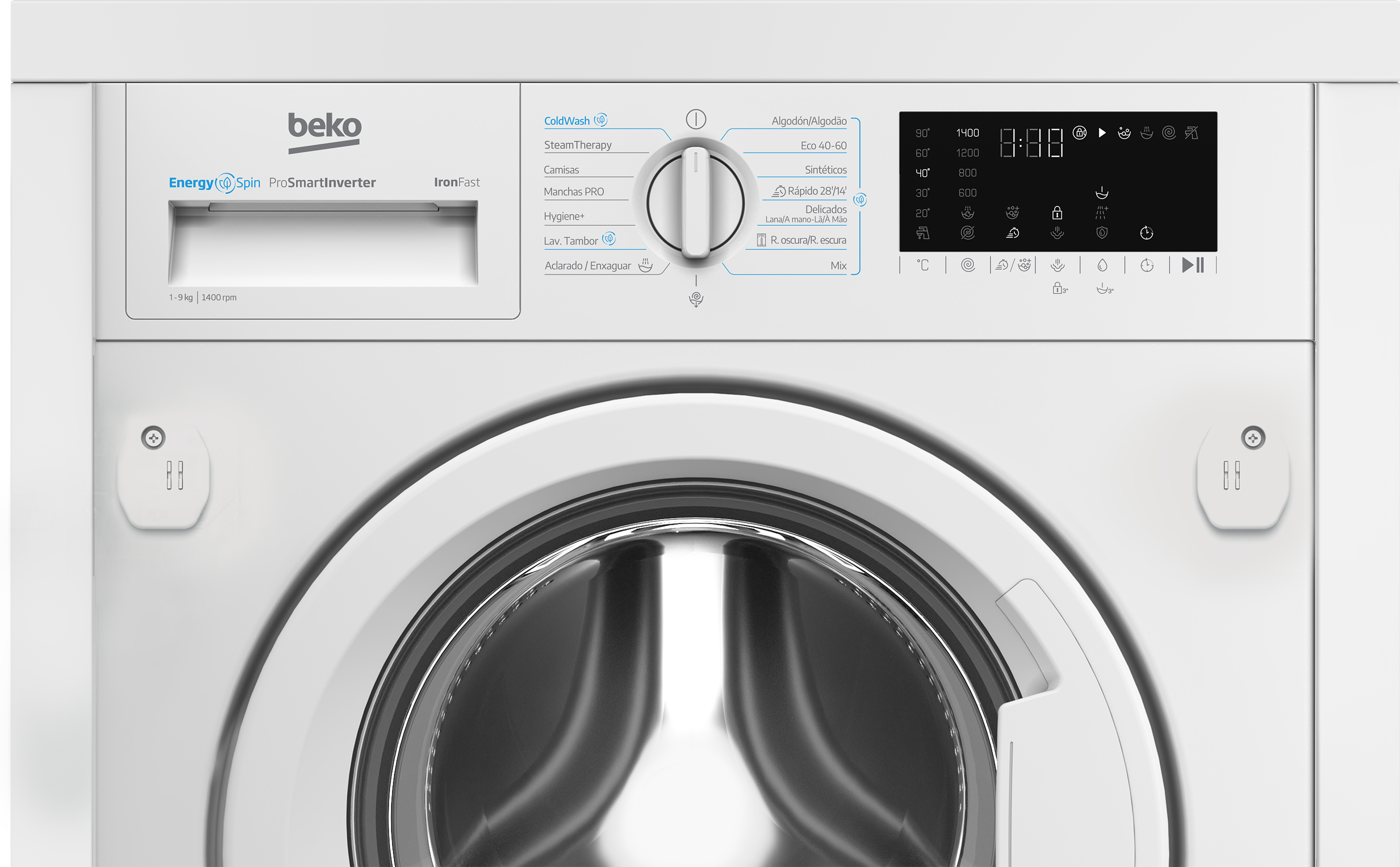 Una lavadora Beko blanca. Tiene un panel de control, una puerta y varias opciones de programa.