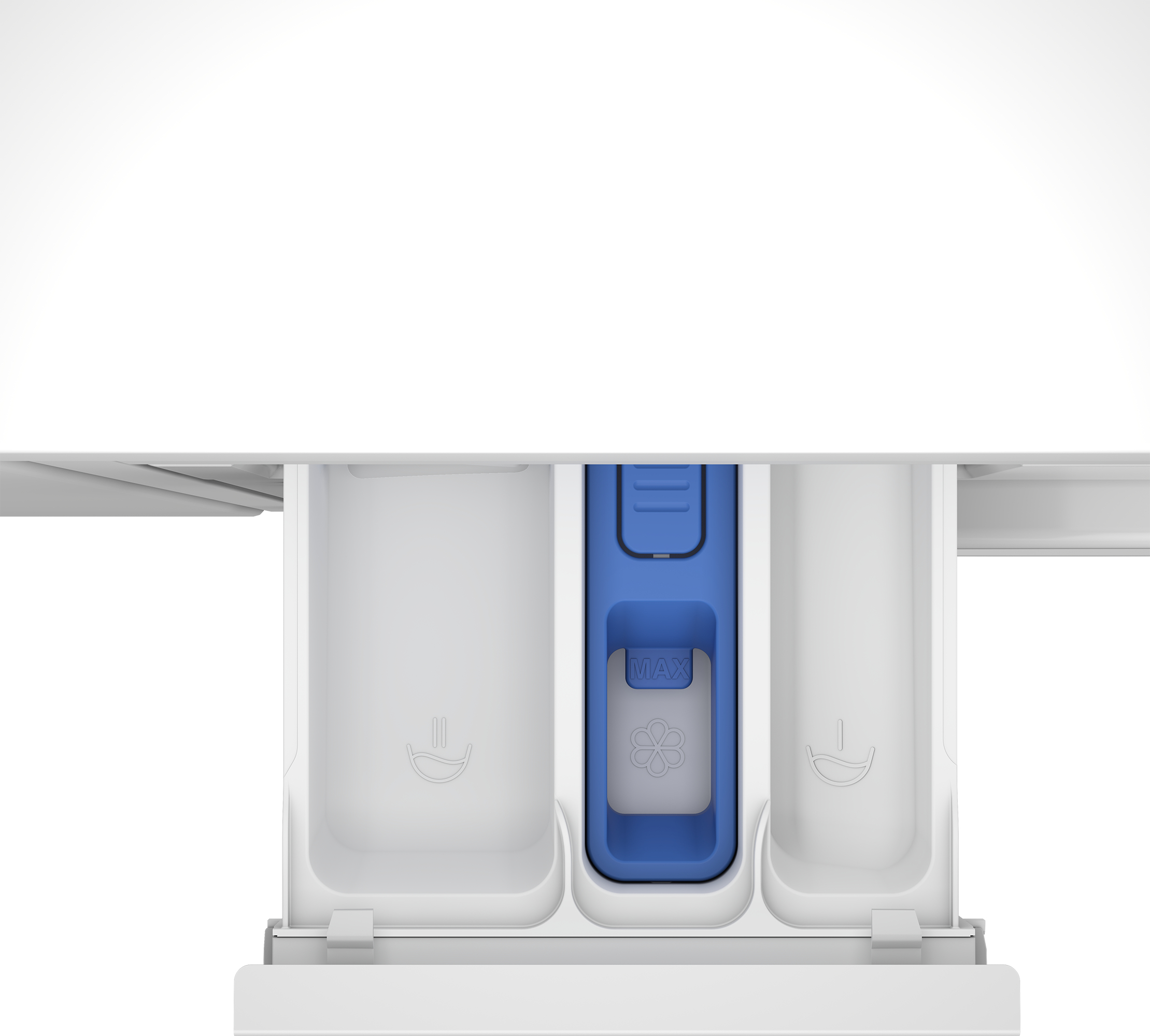 Primer plano del cajón del detergente de una lavadora. Plástico blanco con inserto azul. El cajón está abierto.
