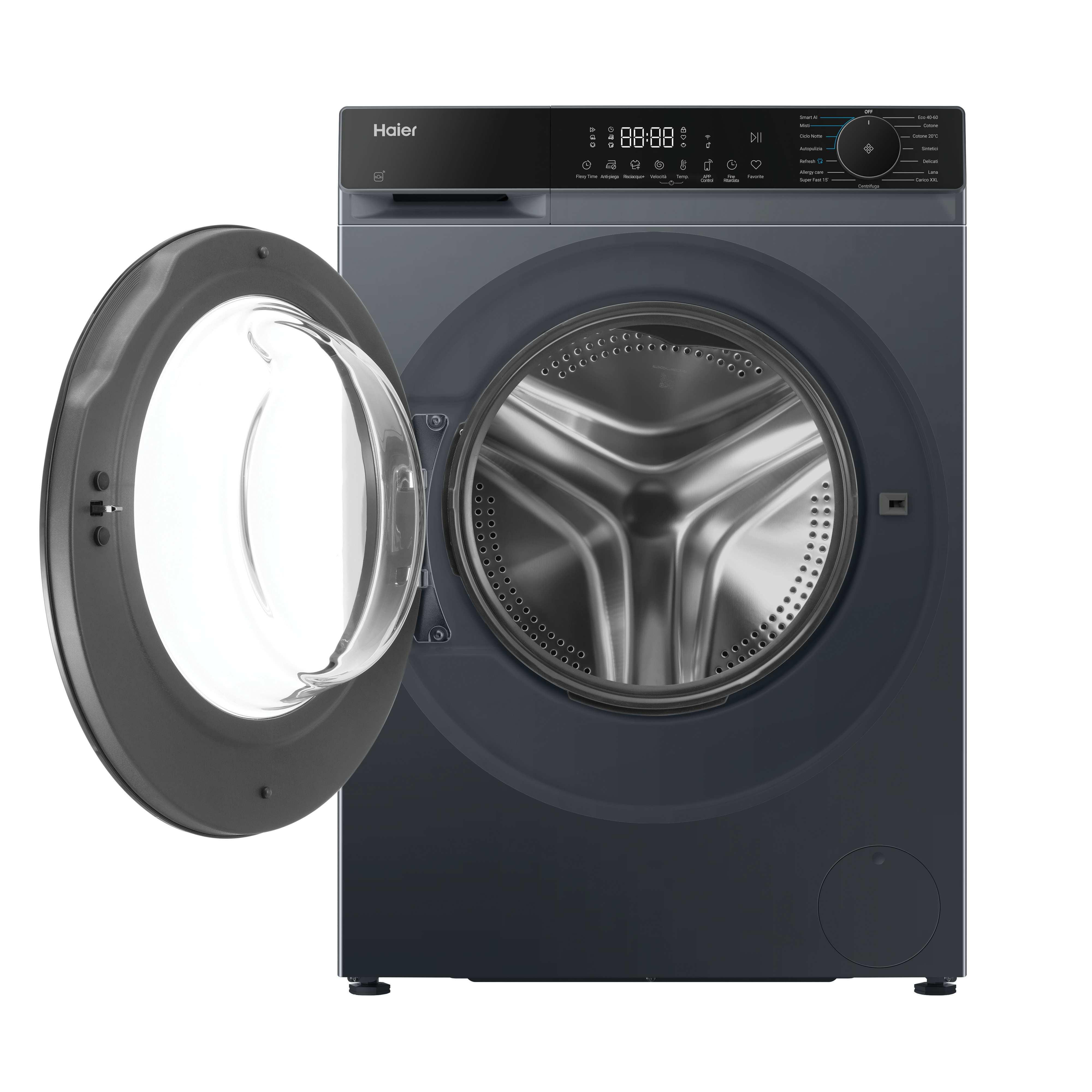Viene mostrata una lavatrice Haier grigio scuro con la porta aperta. La macchina ha un display digitale e un pannello di controllo.