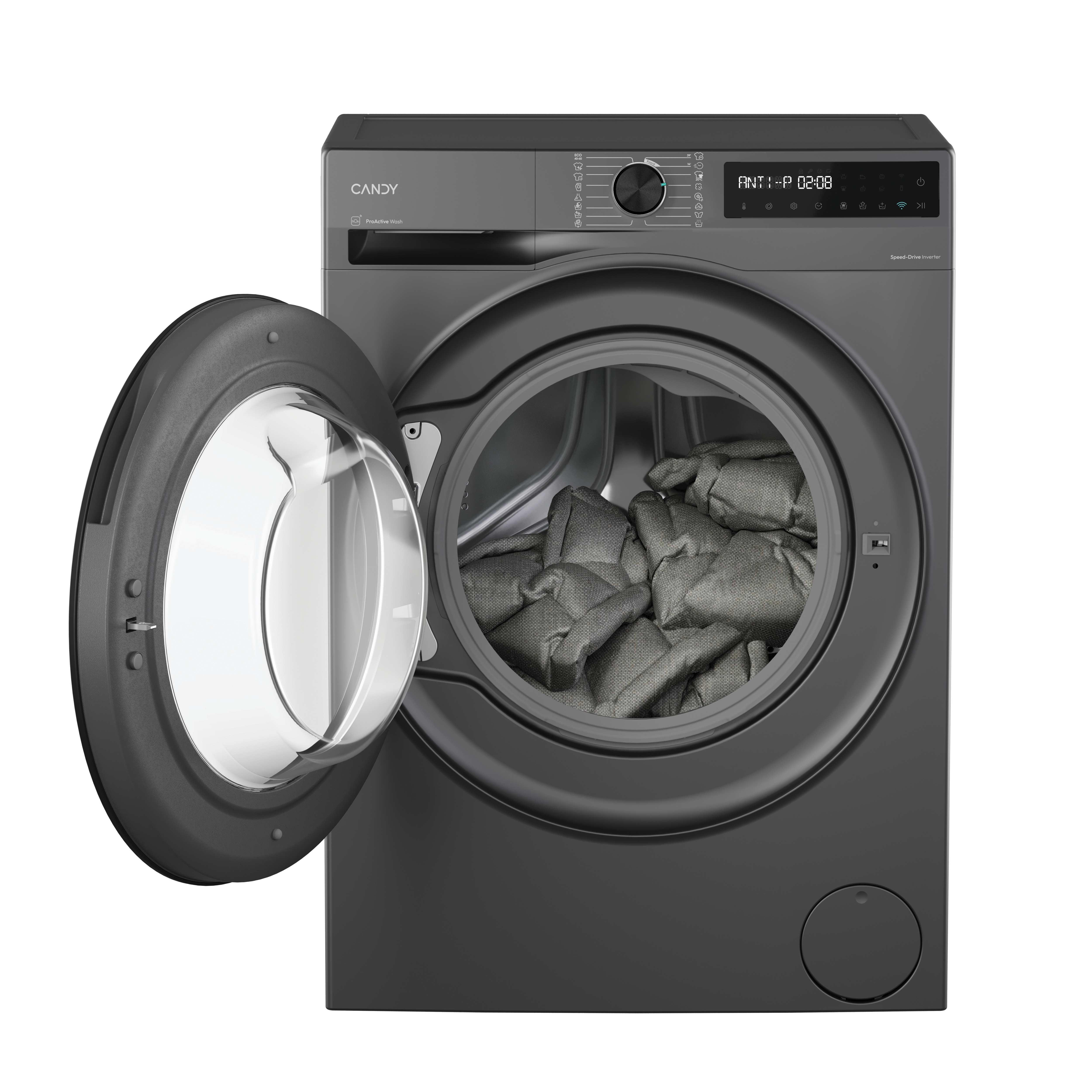 Ciemnoszara pralka z otwartymi drzwiami. W środku szare przedmioty. Maszyna ma cyfrowy wyświetlacz i pokrętło sterowania.