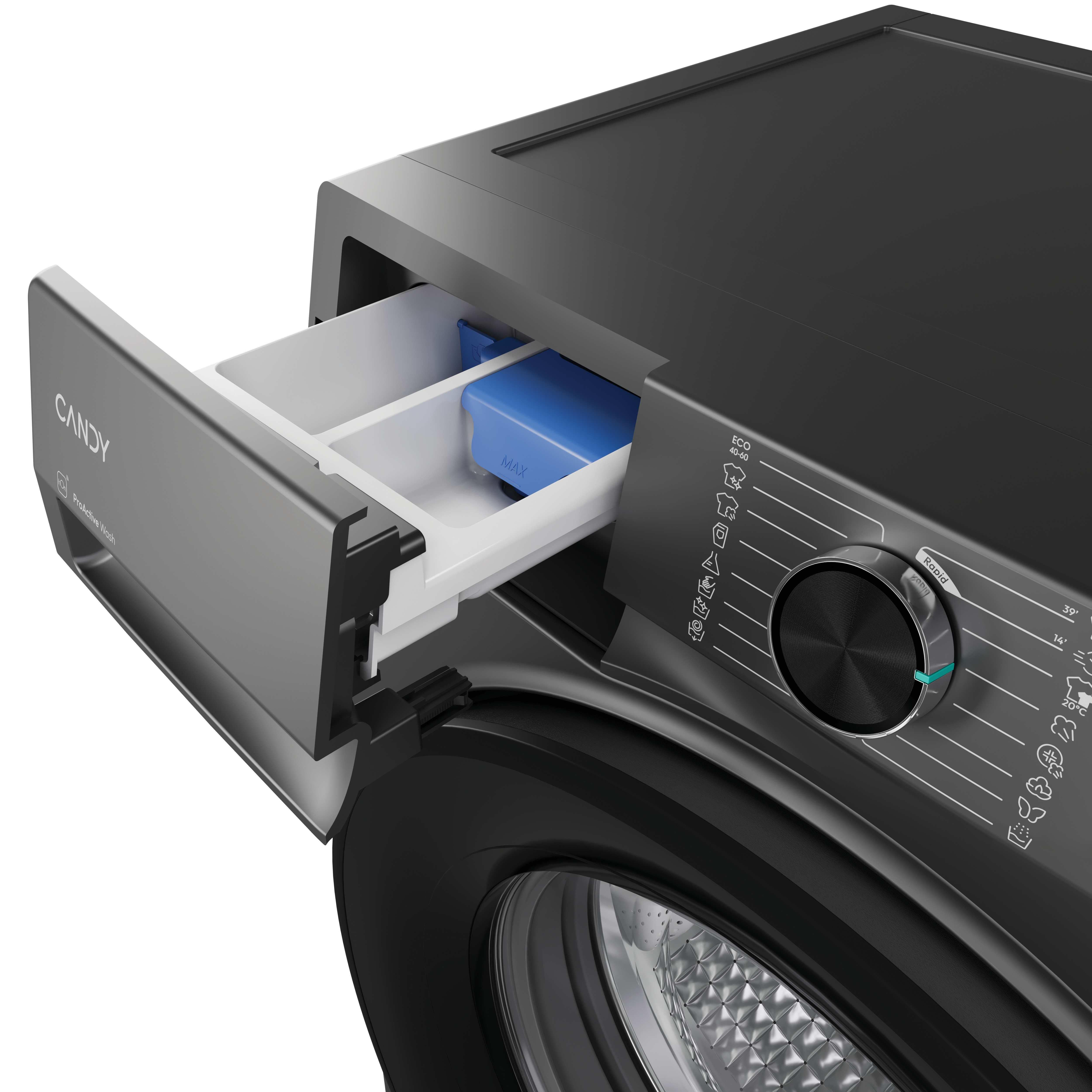 Czarna pralka z otwartą szufladą na detergent. Po prawej stronie widoczny panel sterowania z pokrętłem i przyciskami.