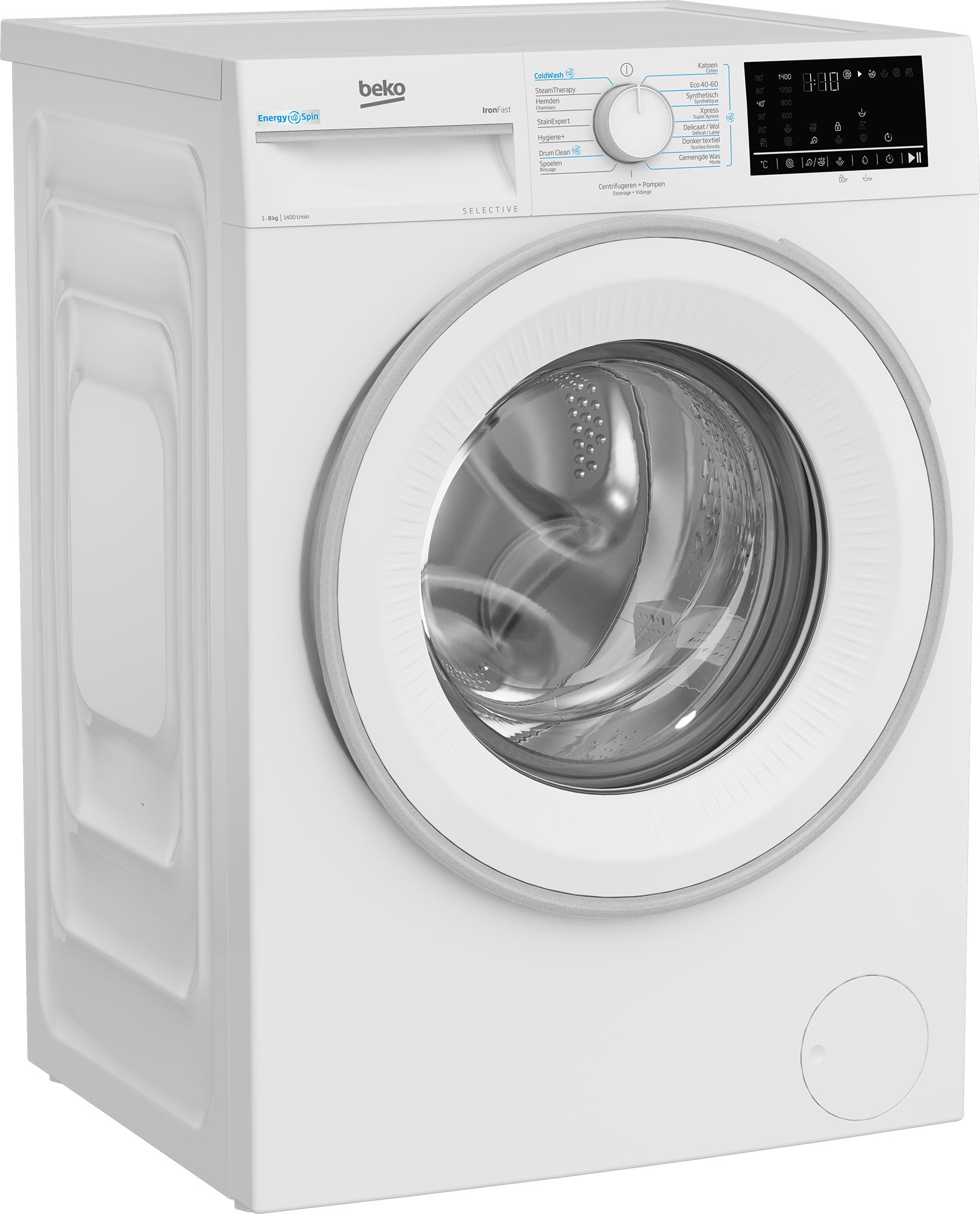 Una lavatrice Beko bianca. Presenta un quadrante, un display digitale e una porta a vetri. Comandi e pulsanti visibili.