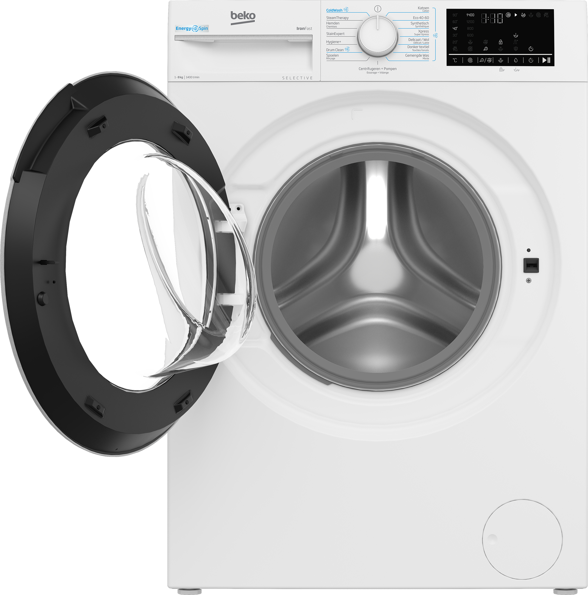 Una lavatrice Beko bianca con la porta aperta, che mostra il cestello e il pannello di controllo con varie impostazioni.