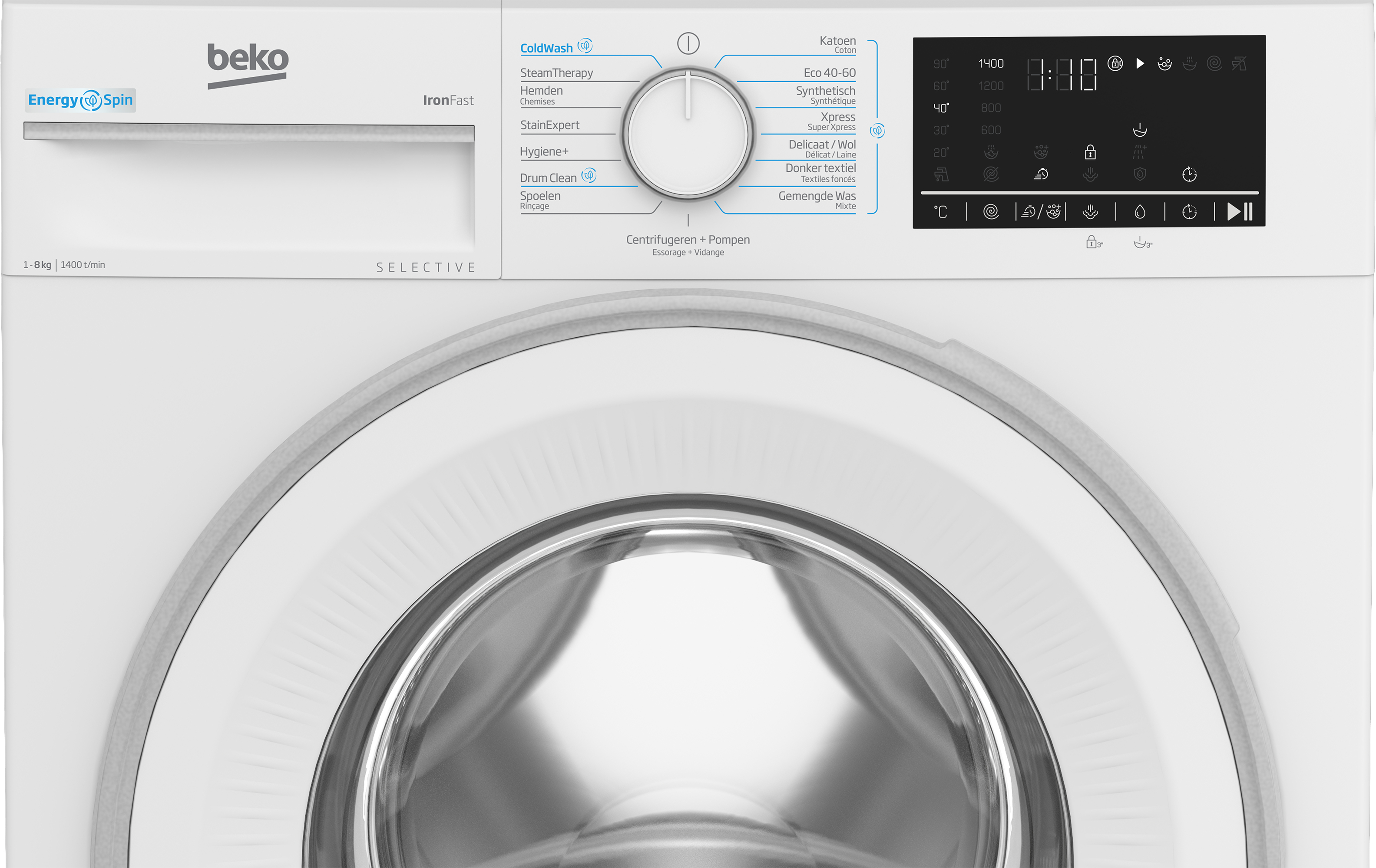 Una lavatrice Beko bianca con pannello di controllo. L'oblò è chiuso. Sono indicati vari programmi di lavaggio.