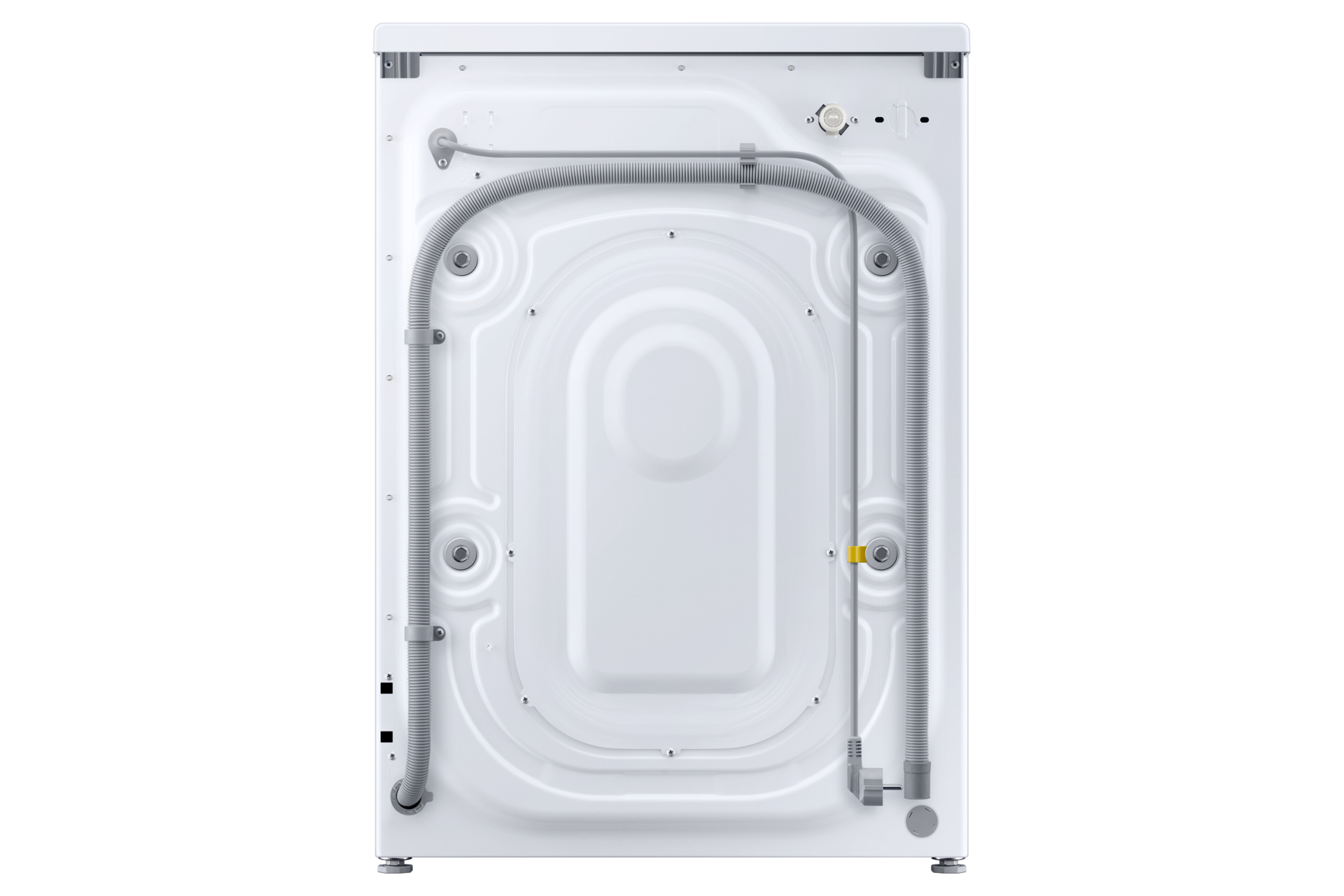 Pokazano tył białej pralki. Ma szary wąż i kilka punktów połączeń oraz białe tło.