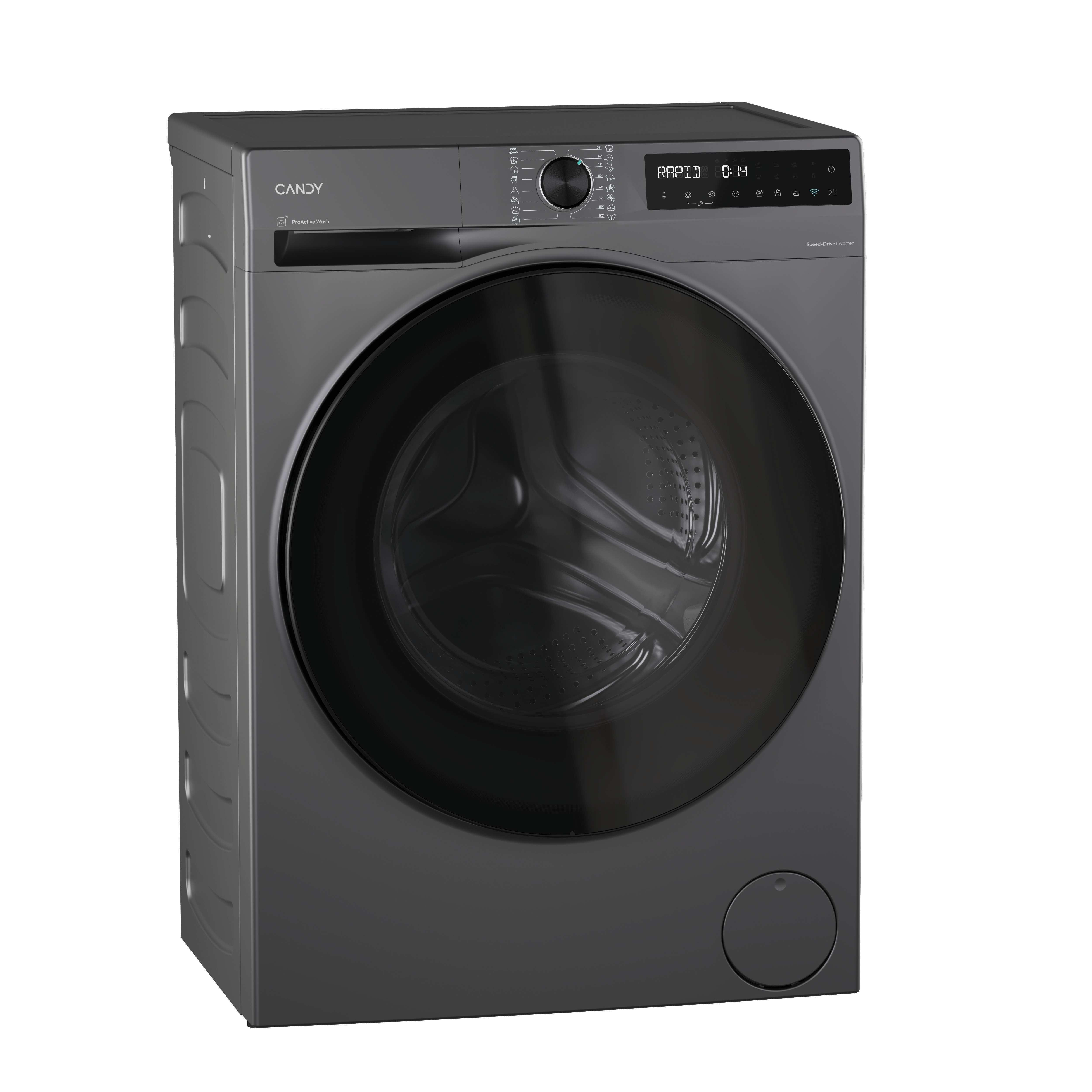 Una lavadora Candy gris con puerta negra. Tiene un panel de control y pantalla digital, sobre fondo blanco.