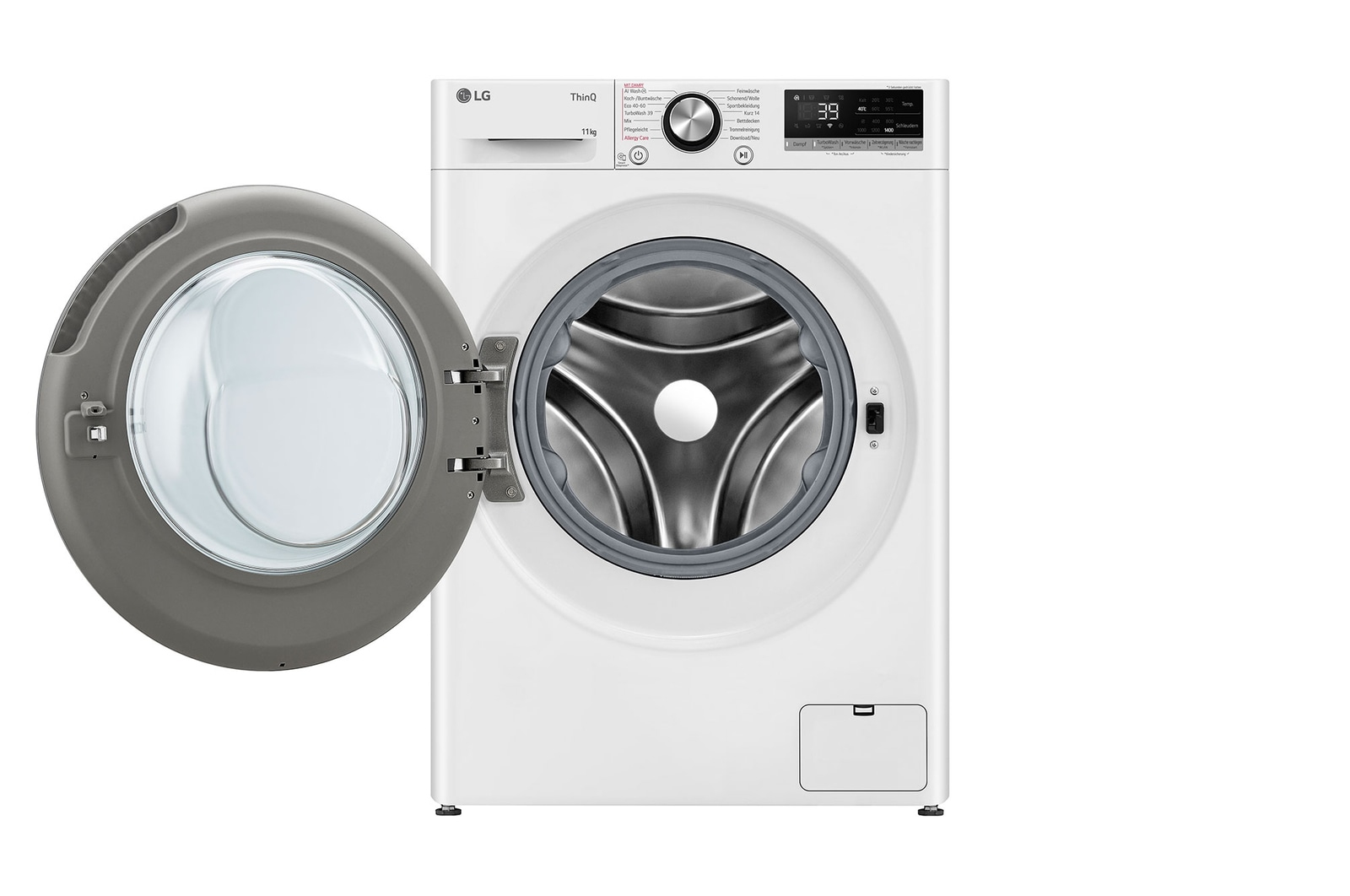 Eine weiße LG-Waschmaschine mit offener grauer Tür. Das Bedienfeld zeigt Einstellungen an. Die Maschine steht auf weißem Hintergrund.