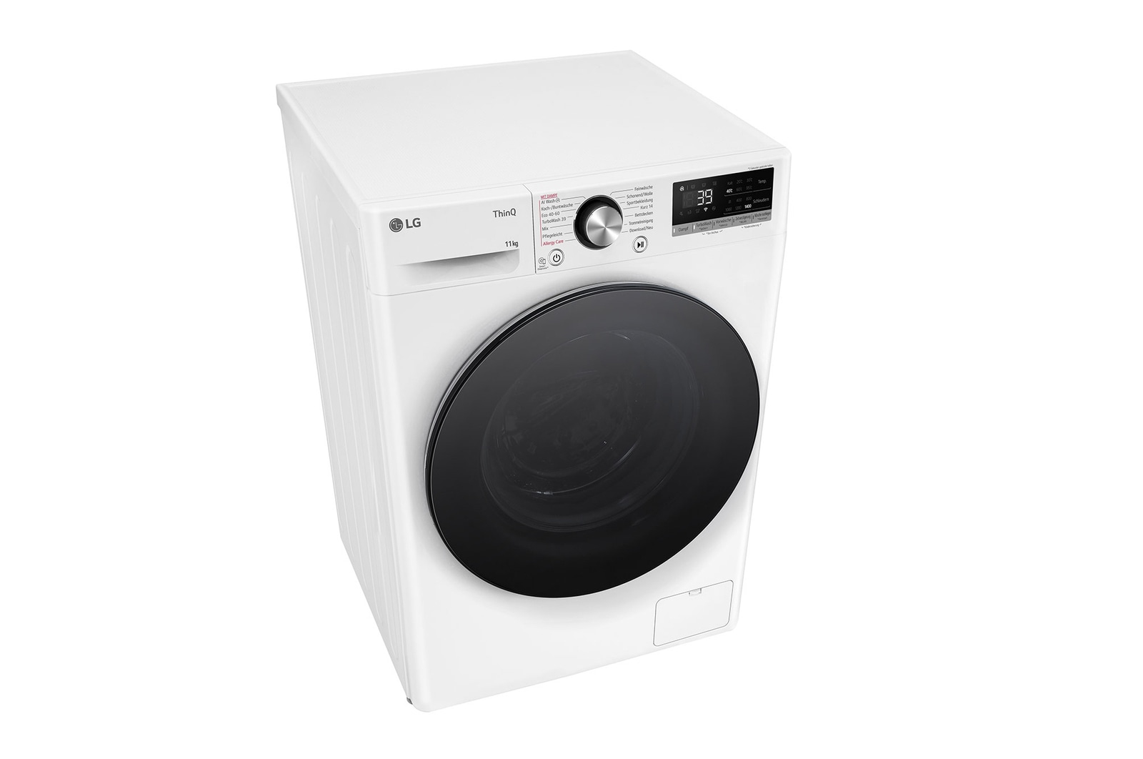 Eine weiße LG-Waschmaschine mit schwarzer Tür steht auf einer weißen Oberfläche. Sie hat ein digitales Display und ein Bedienfeld.