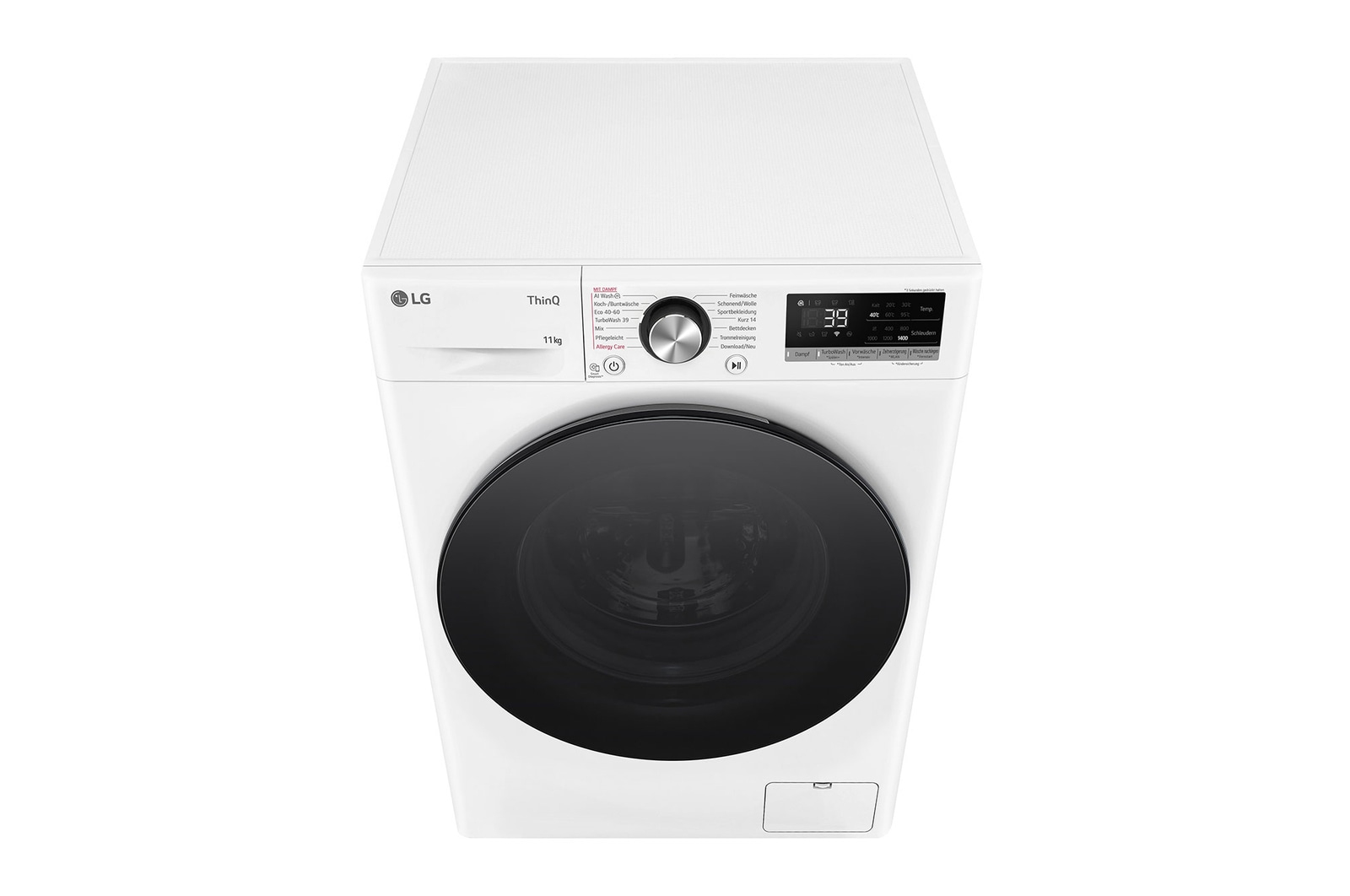 Eine weiße LG-Waschmaschine. Sie hat eine schwarze Tür, ein digitales Display und mehrere Bedienelemente.