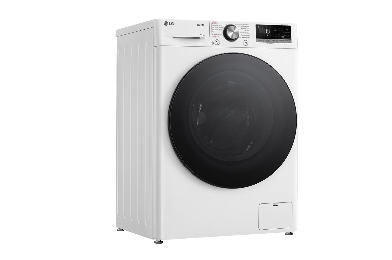 Eine weiße LG-Waschmaschine. Sie hat eine schwarze Tür und ein Bedienfeld mit Digitalanzeige. Der Markenname ist sichtbar.