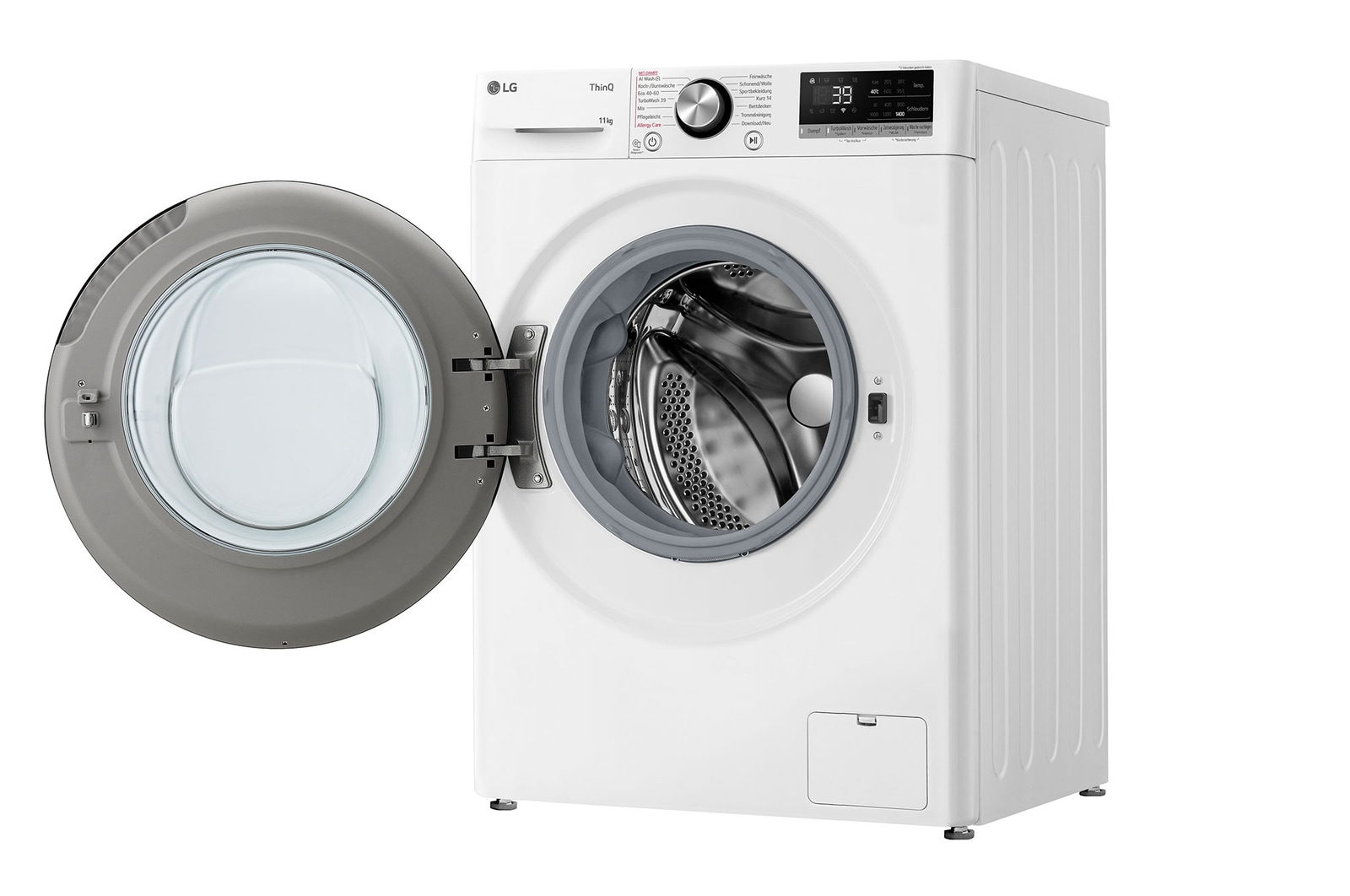 Eine weiße LG-Waschmaschine mit geöffneter Tür, die die Trommel freigibt. Das Bedienfeld zeigt Einstellungen und einen digitalen Timer an. Die Tür ist grau.