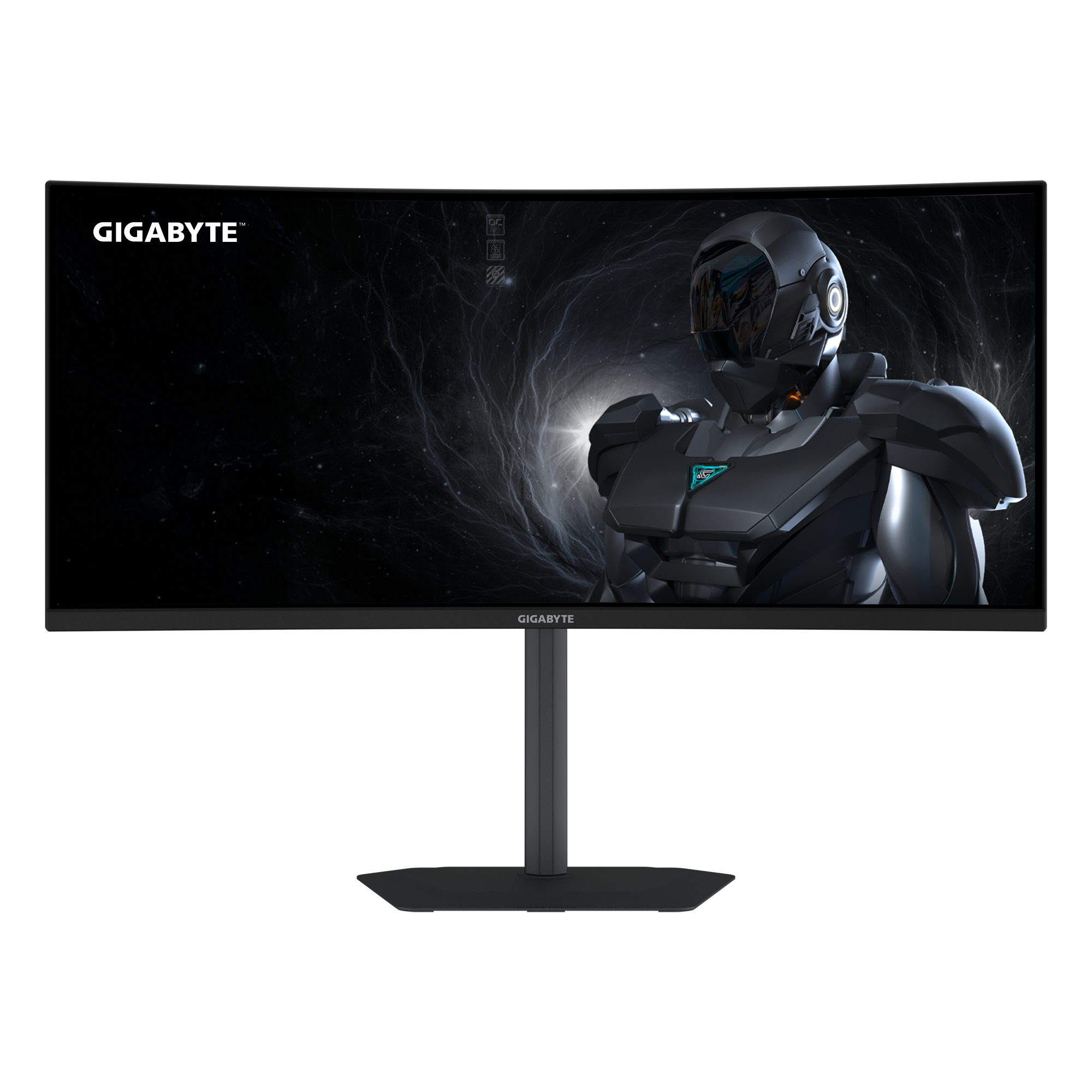 Een gebogen monitor toont een futuristisch gepantserde figuur tegen een ruimtethema-achtergrond. De monitor is zwart met het merk GIGABYTE.