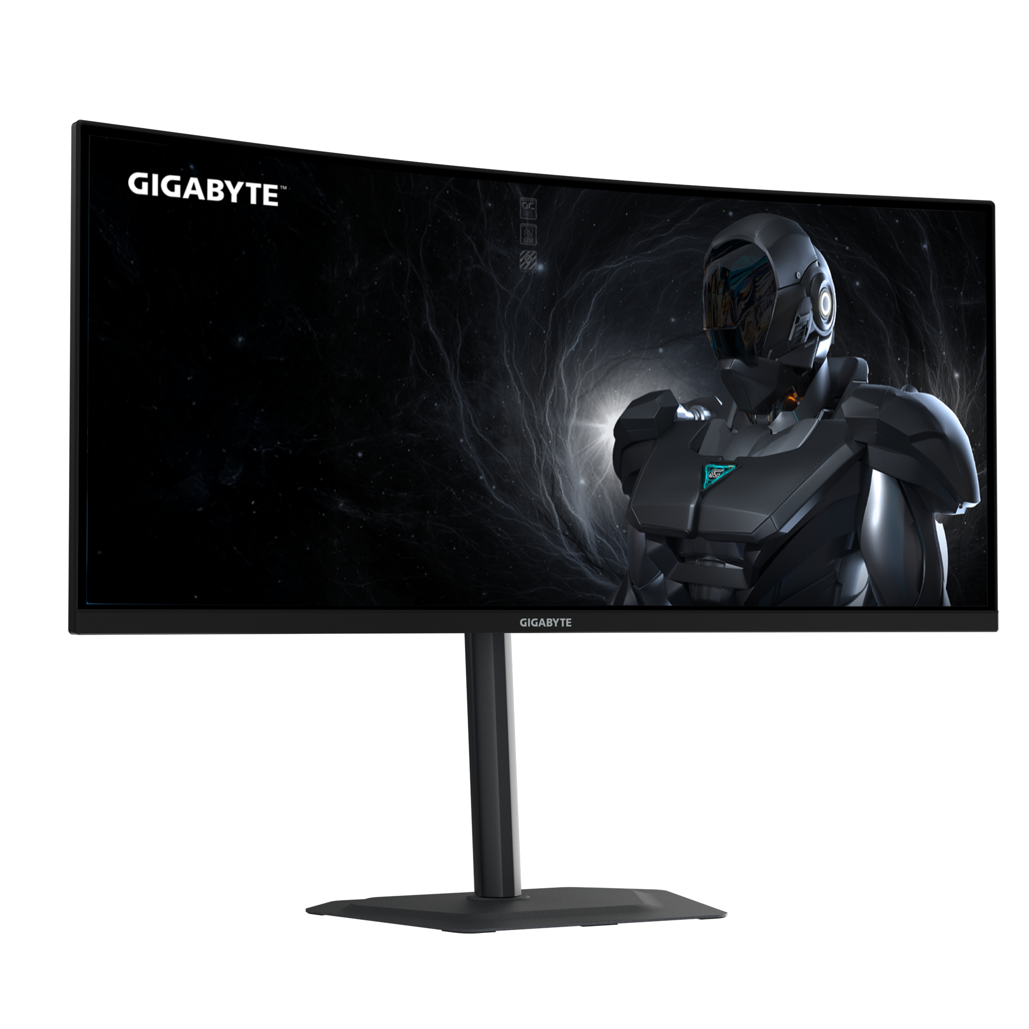 Gebogen Gigabyte-monitor. Scherm toont een futuristisch gepantserde figuur tegen een sterrenachtergrond.