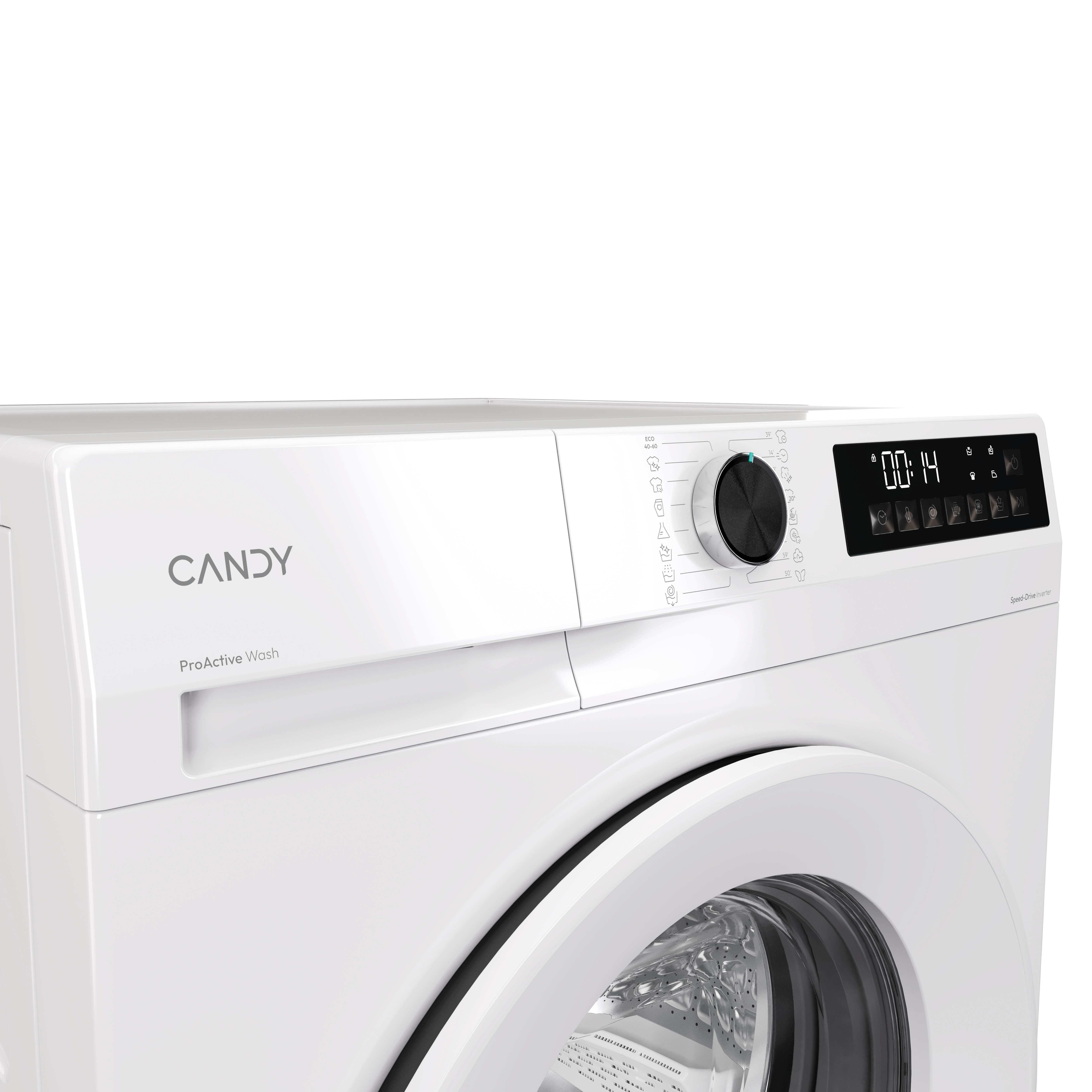 Lavadora Candy blanca. Panel de control, pantalla con '00:14' y dial.