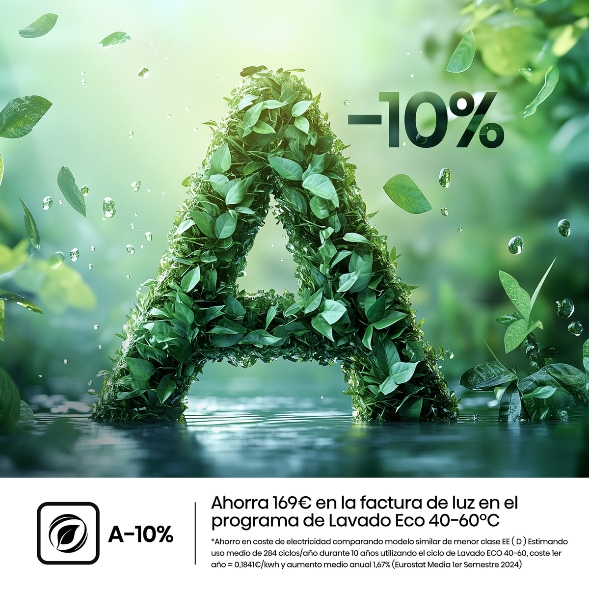 Litera A z liści. -10% zniżki. Krople wody i unoszące się liście. Tekst na dole o oszczędzaniu energii.