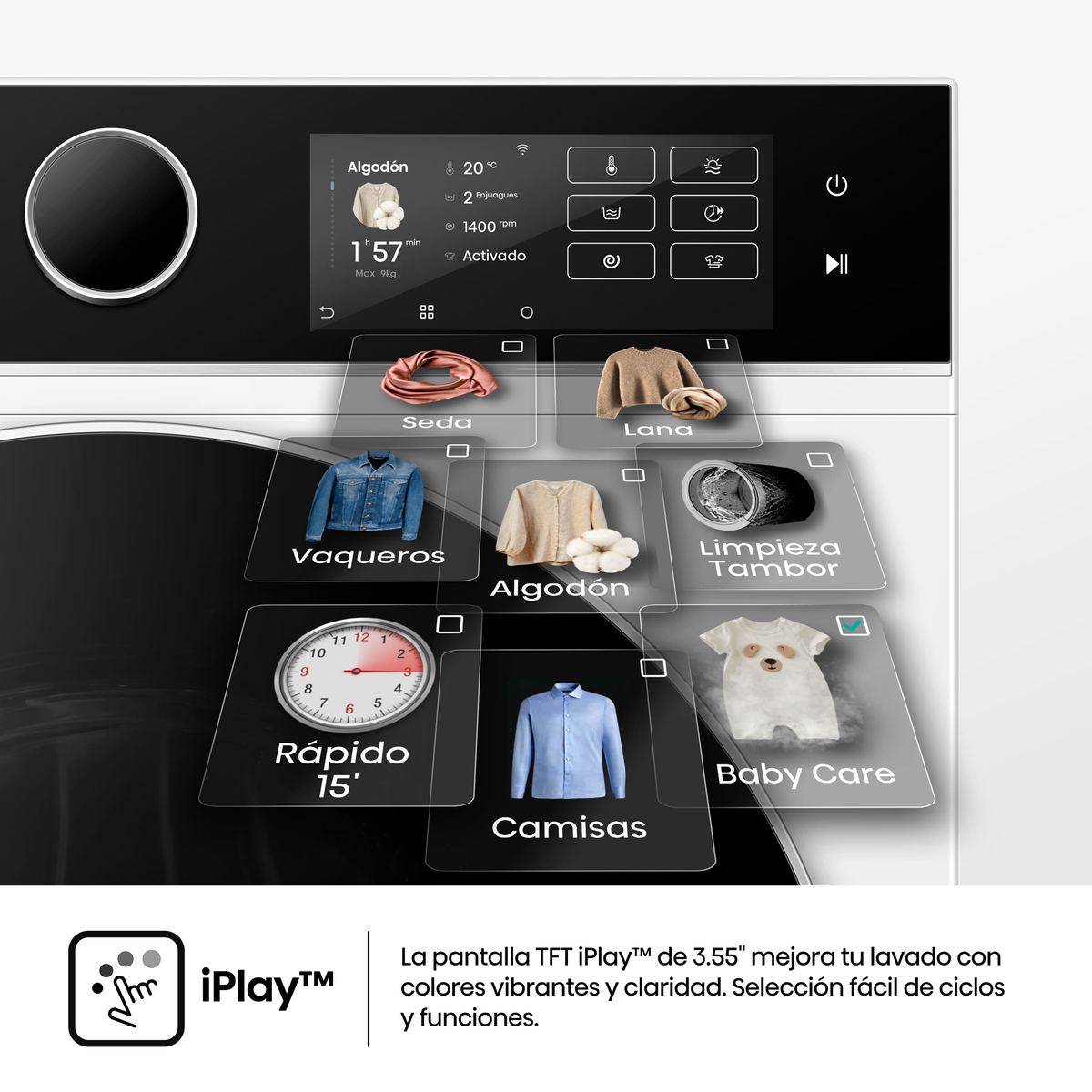 Panel sterowania pralki z różnymi opcjami cykli prania i wyświetlaczem cyfrowym. Zawiera bawełnę, pielęgnację dziecka i szybkie pranie.