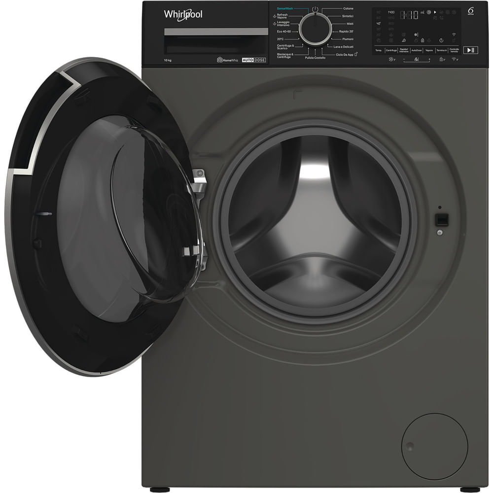 Una lavatrice Whirlpool grigia con porta nera aperta. Pulsanti e un pannello di visualizzazione sono visibili sopra.