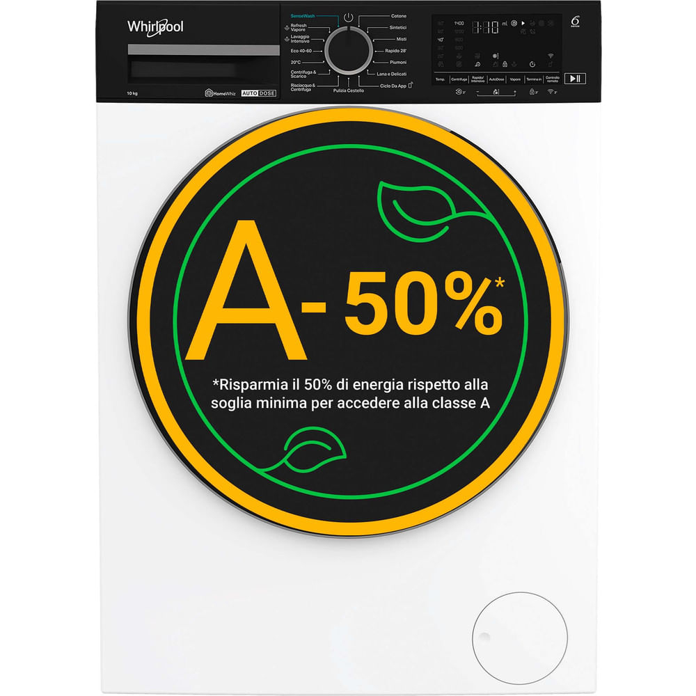 Una lavadora Whirlpool blanca con una gran pegatina de eficiencia energética A-50%. Controles arriba.