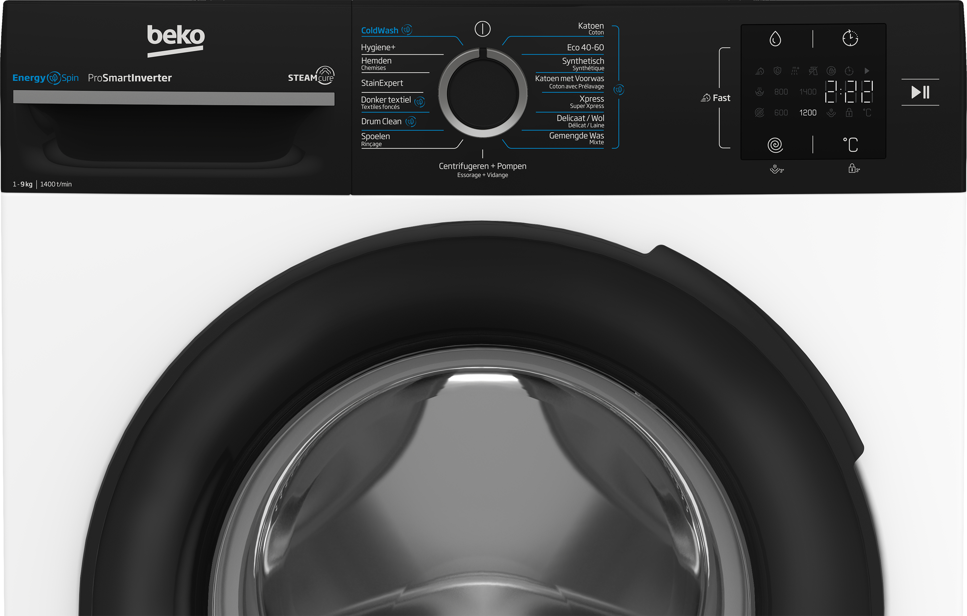 Pannello di controllo della lavatrice in bianco e nero. Ha impostazioni per i cicli di lavaggio e un display digitale.