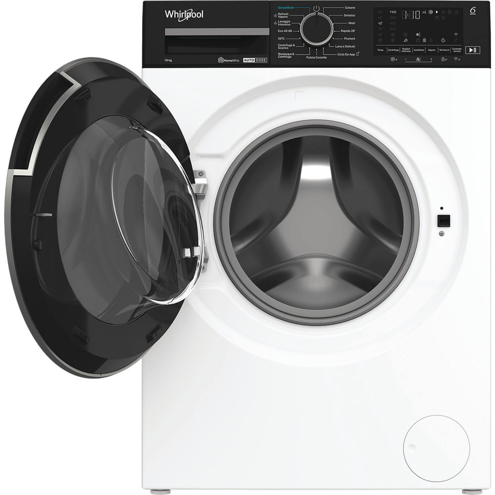 Lavadora Whirlpool blanca con la puerta abierta. La puerta es negra con cristal transparente. Panel de control arriba.