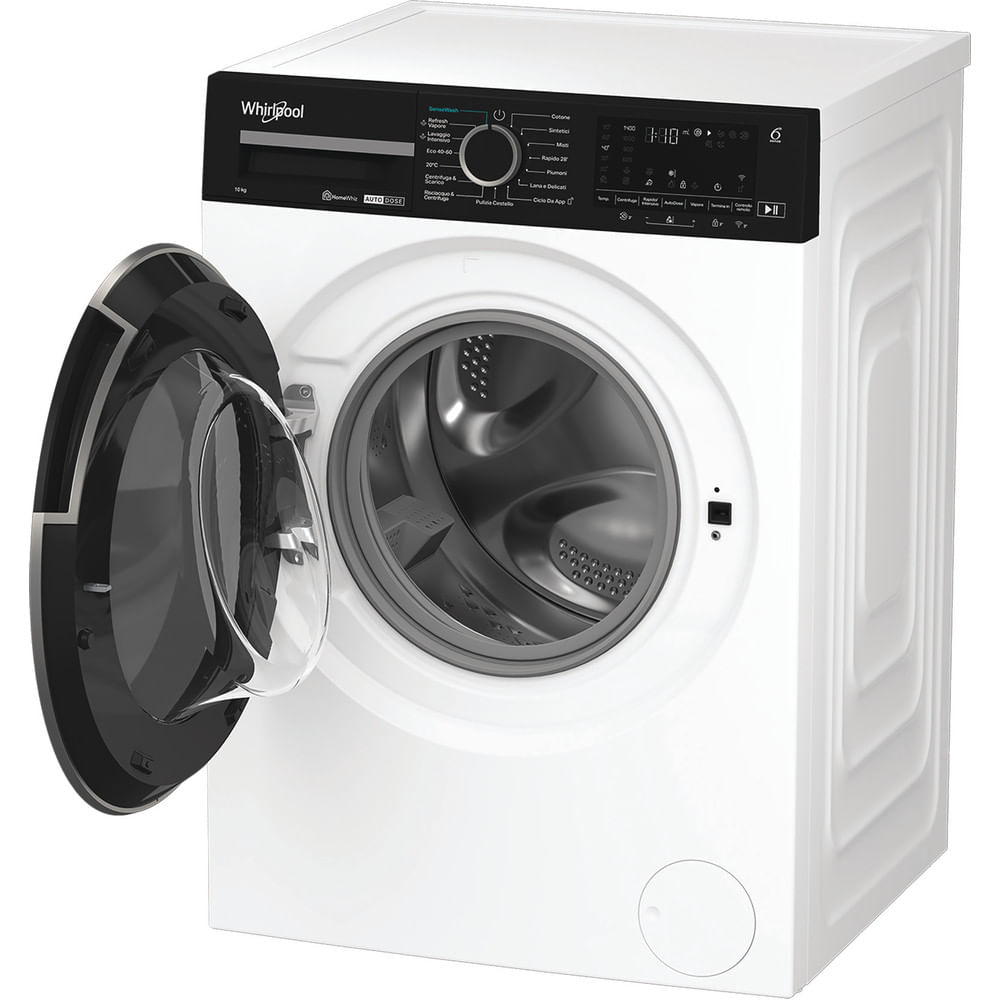 Lavadora Whirlpool blanca con puerta negra abierta. Panel de control arriba. Tambor visible. Botones y pantalla presentes.