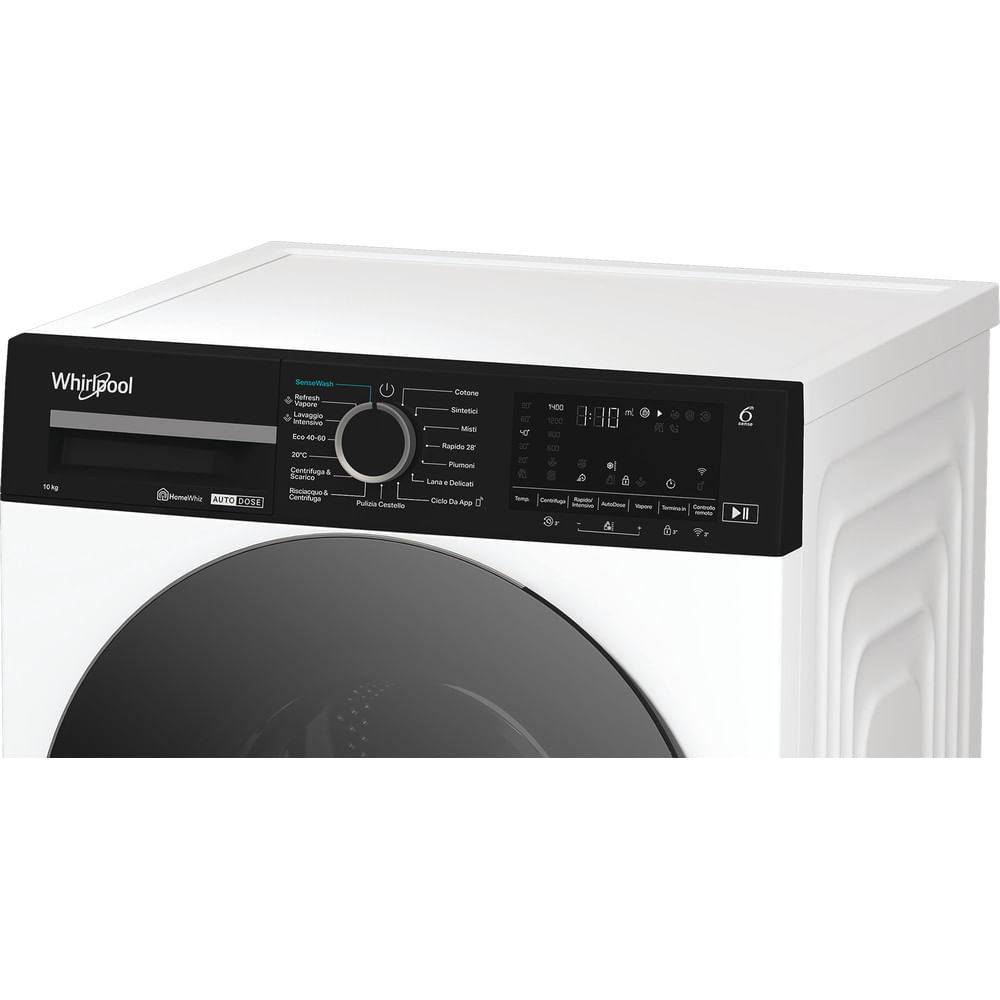 Una lavadora Whirlpool blanca. El panel de control muestra ajustes como SenseWash, Cotone y varias temperaturas. La pantalla muestra la hora 8:10.