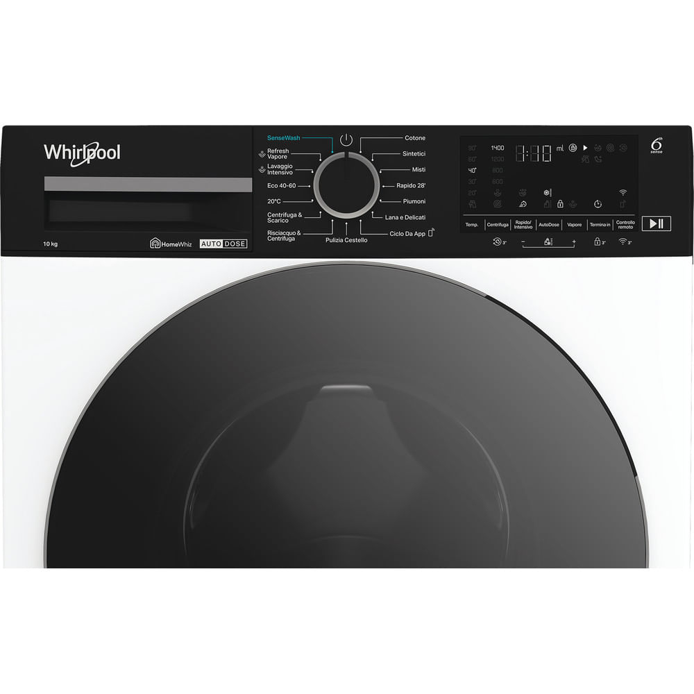 Panel de control de lavadora Whirlpool. Tiene botones para ajustes de lavado, temperatura e inicio/pausa. La puerta es negra y redonda.