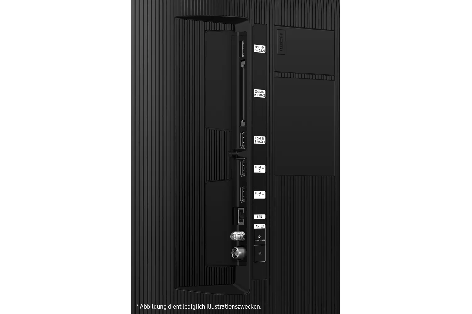 Tył czarnego telewizora z portami: USB, Common Interface, 3 HDMI, LAN, ANT. Tekst: Abbildung dient lediglich Illustrationszwecken.